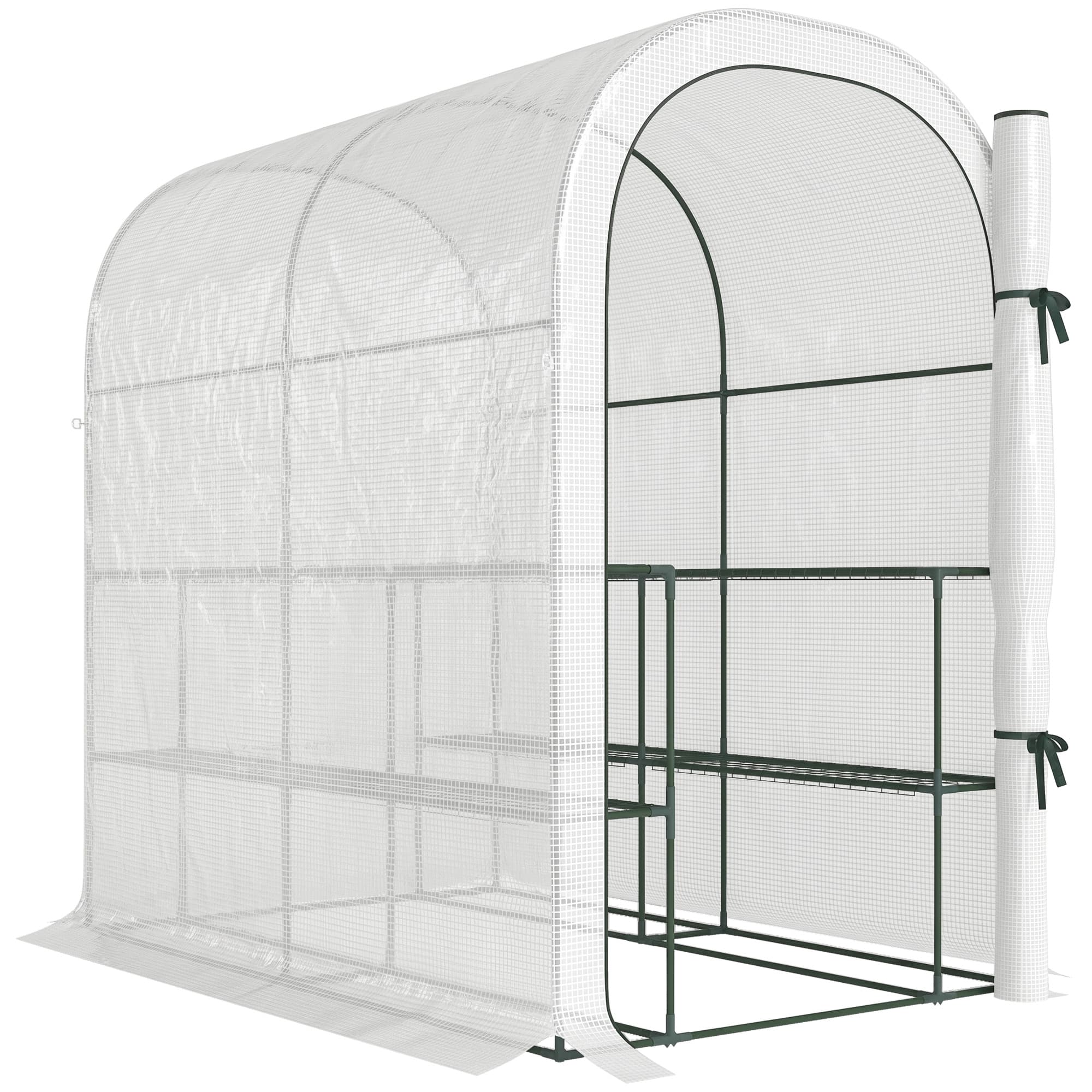 Outsunny Walk-in Greenhouse with Shelves, Small Greenhouse with PE Cover and Roll-up Door, 123 x 187 x 189 cm, White
