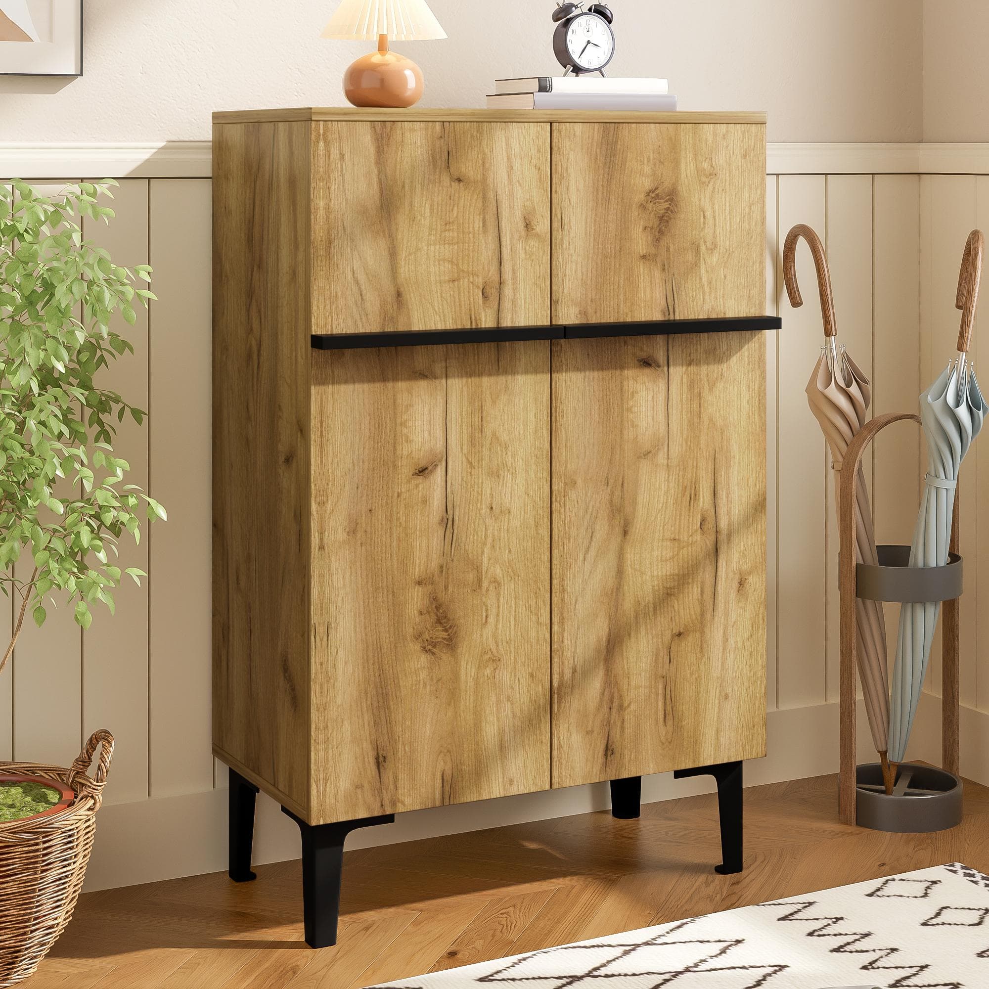Space-Saving Entryway Storage with Adjustable Shelves, Modern Shoe Cabinet with Double Doors, 60L x 34.5W x 95H cm, Black+Wood | Aosom UK