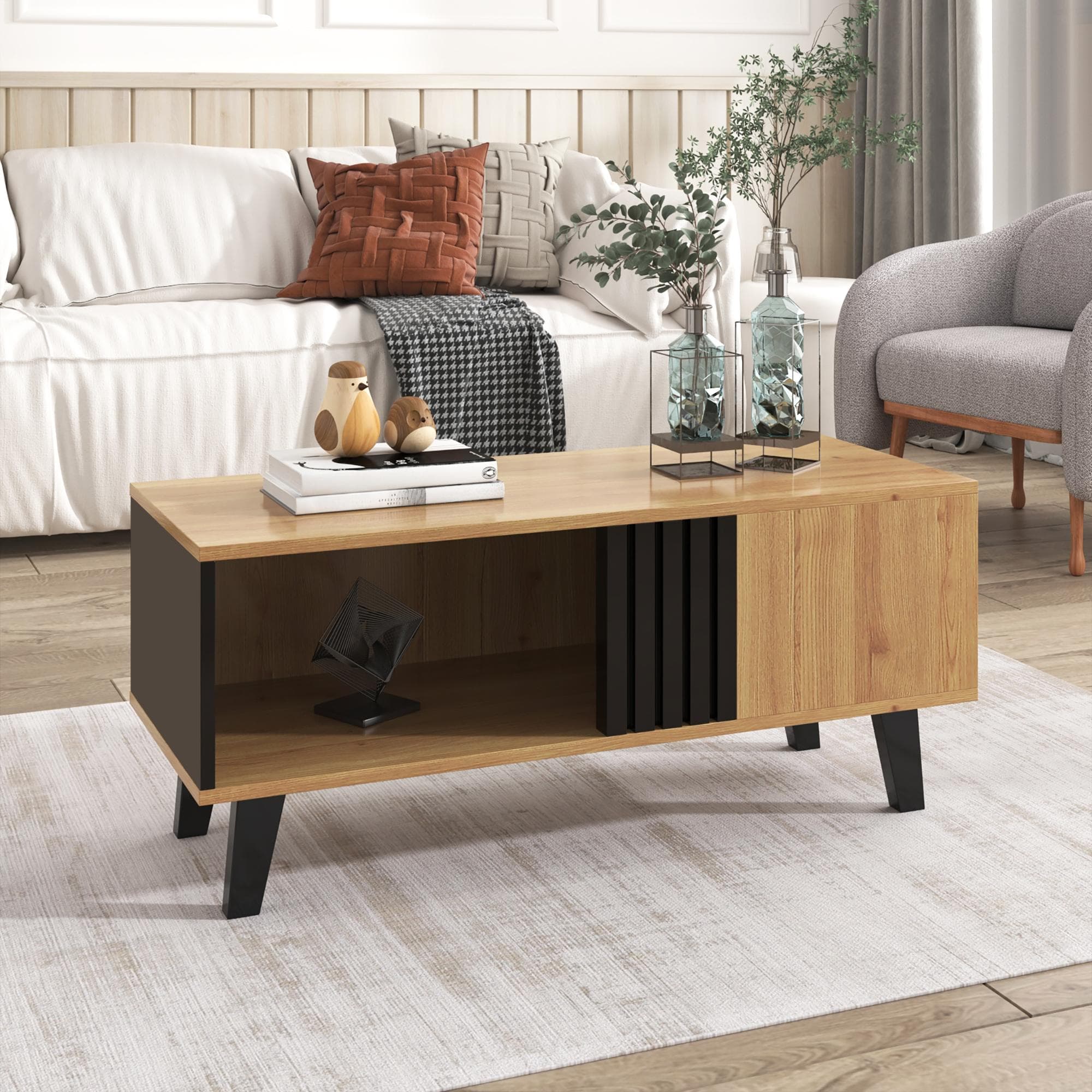Stylish Coffee Table with Practical Storage and Wood‑Coloured Surface, Solid Tea Table with Wood Legs, 100L x 60W x 45H cm, Black+Wood | Aosom UK