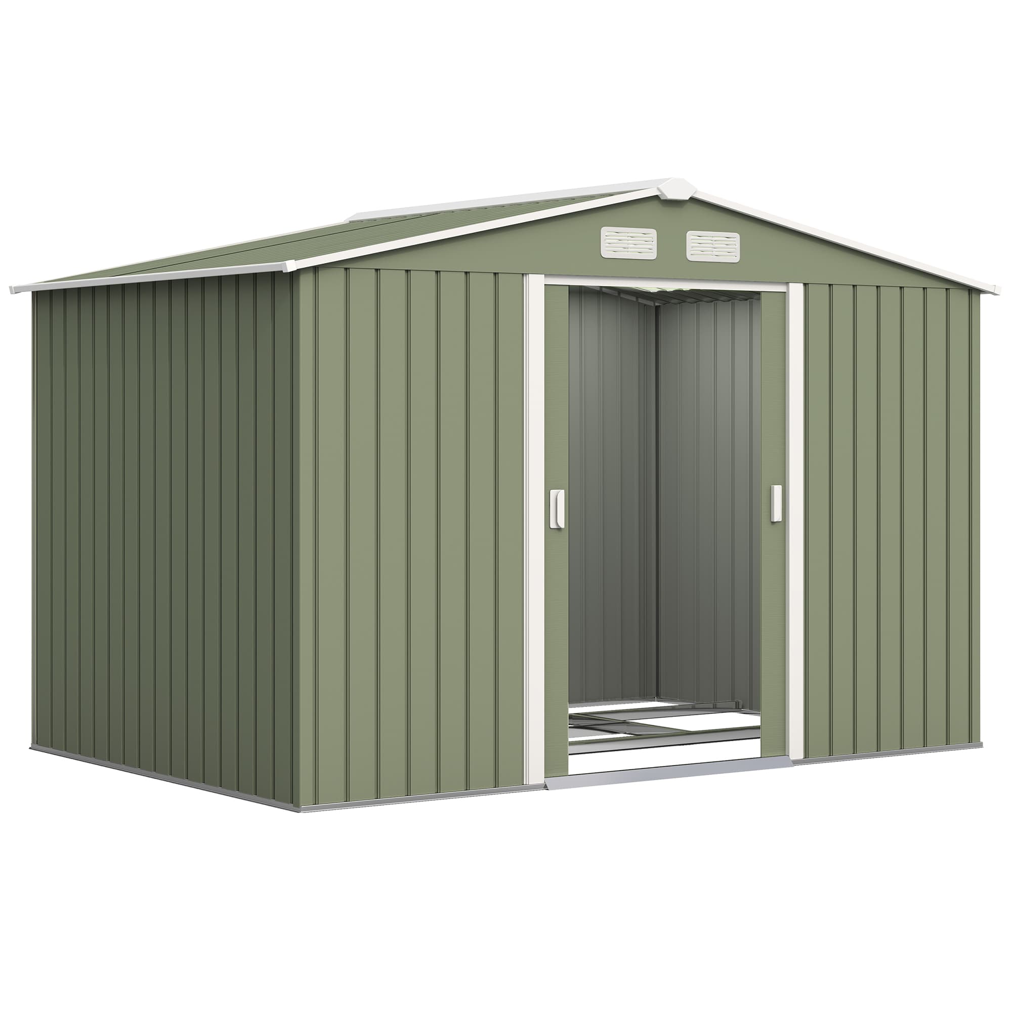 Outsunny 9 x 6 ft Metal Garden Storage Shed Corrugated Steel Roofed Tool Box with Foundation Ventilation and Doors, Light Green | Aosom UK