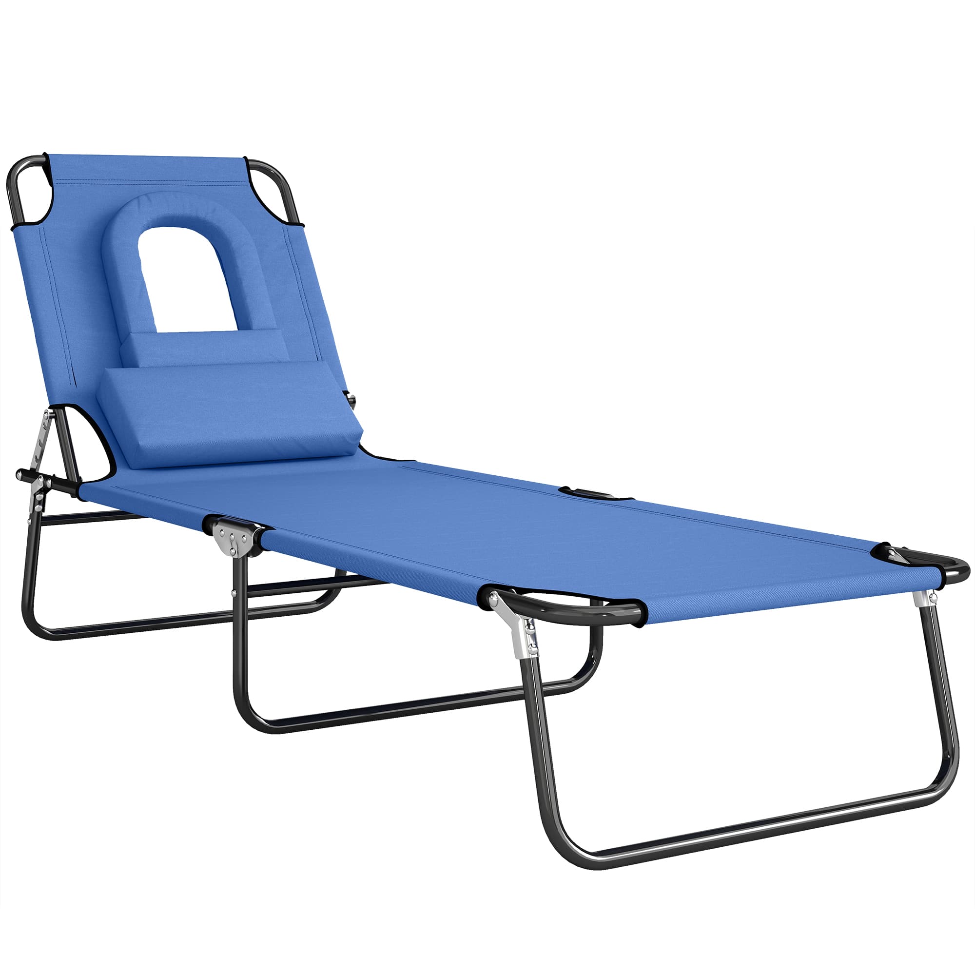 Outsunny Foldable Sun Lounger, Reclining Garden Chair with Pillow and Reading Hole, Adjustable, Blue