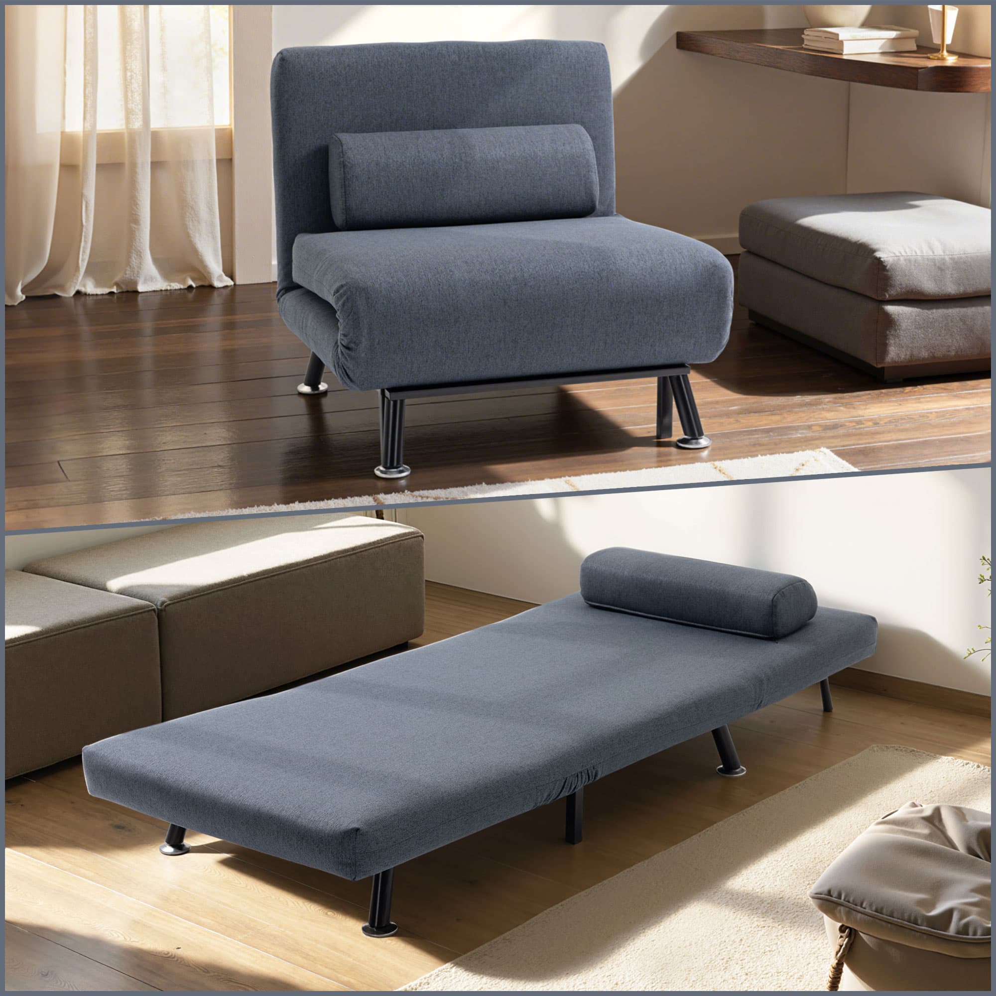 HOMCOM Single Sofa Bed Sleeper Chair, Foldable Fabric Guest Bed with Pillow, Space-Saving Lounge Couch, Dark Grey | Aosom UK