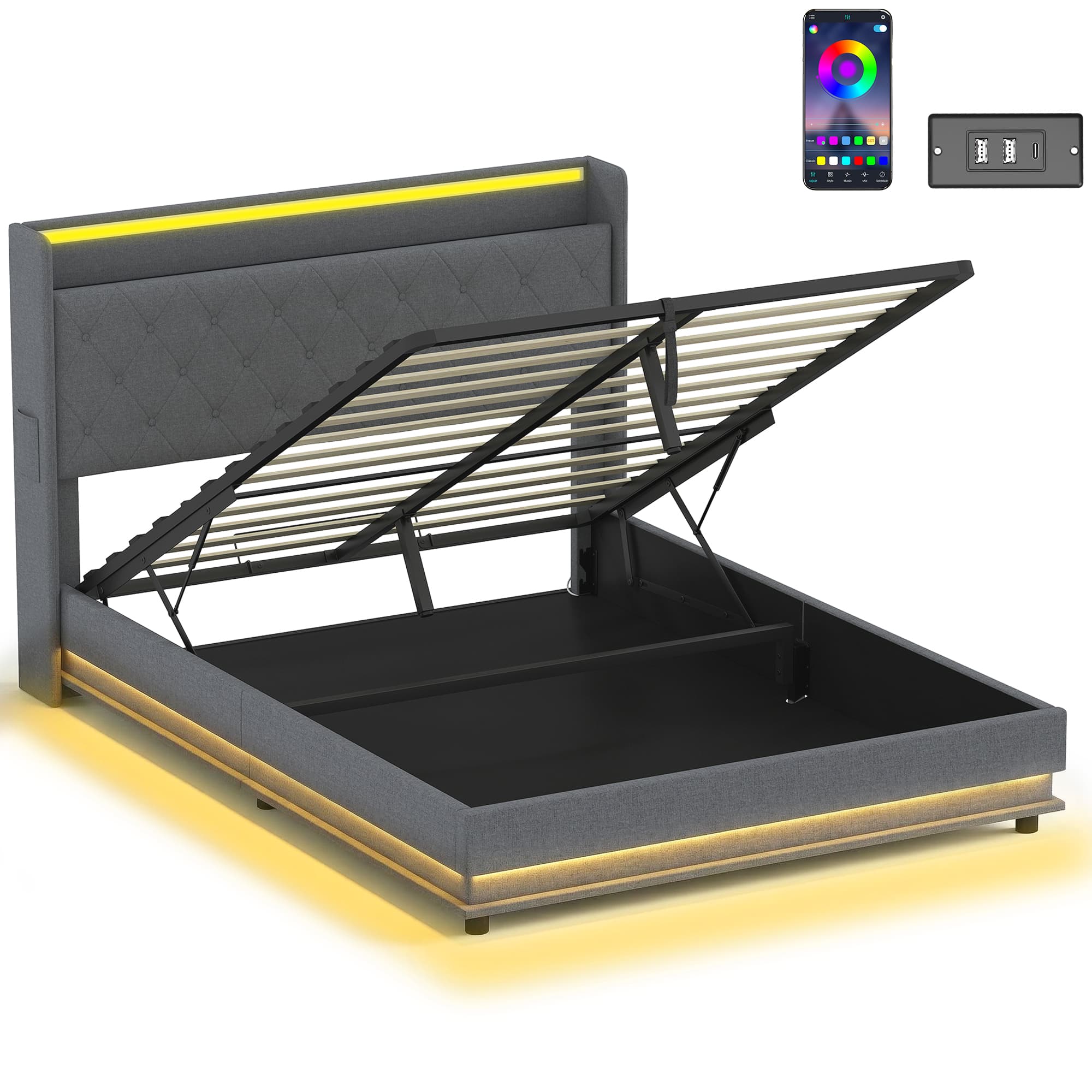HOMCOM 5ft King Bed Frame with Headboard, Platform Bed Frame with Hydraulic Storage, LED Lights and Charging Station, Grey