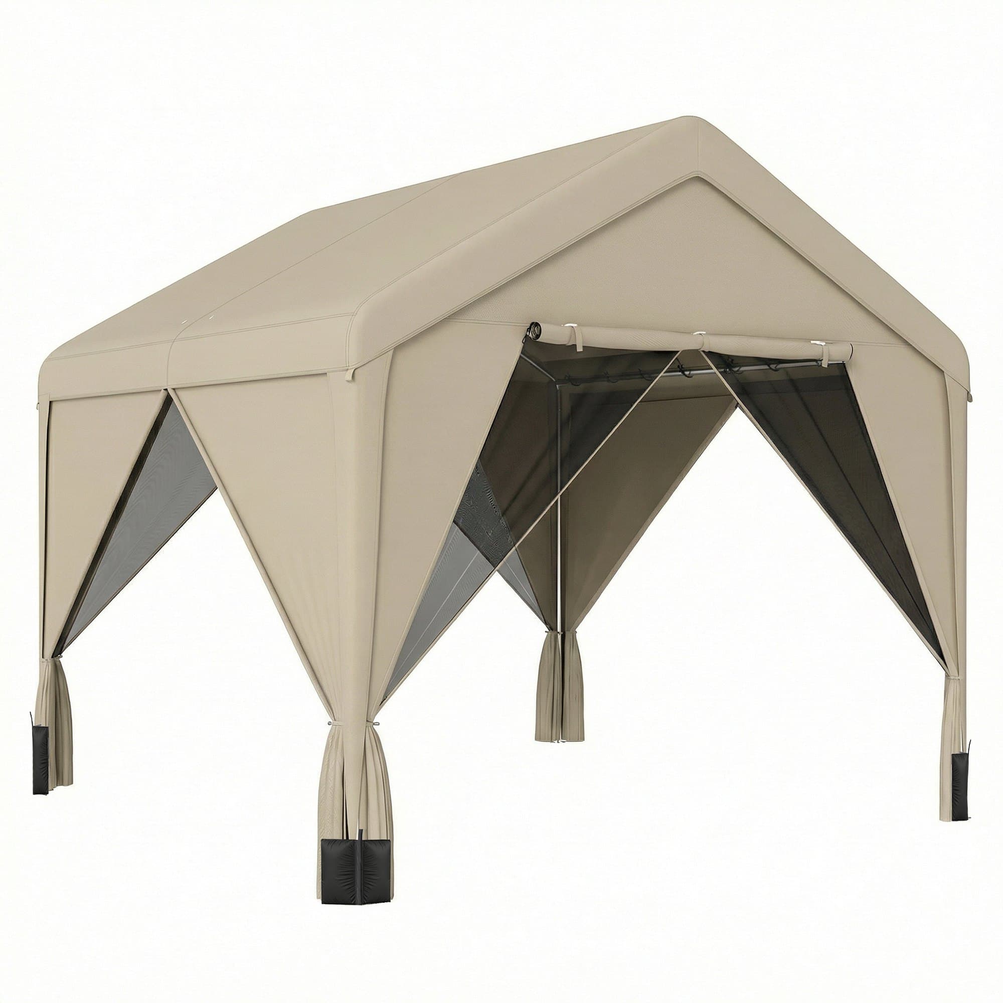 Outsunny 3 x 3 m Patio Gazebo with Netting & Curtains, Outdoor Canopy Shelter with Galvanised Steel Frame, Khaki