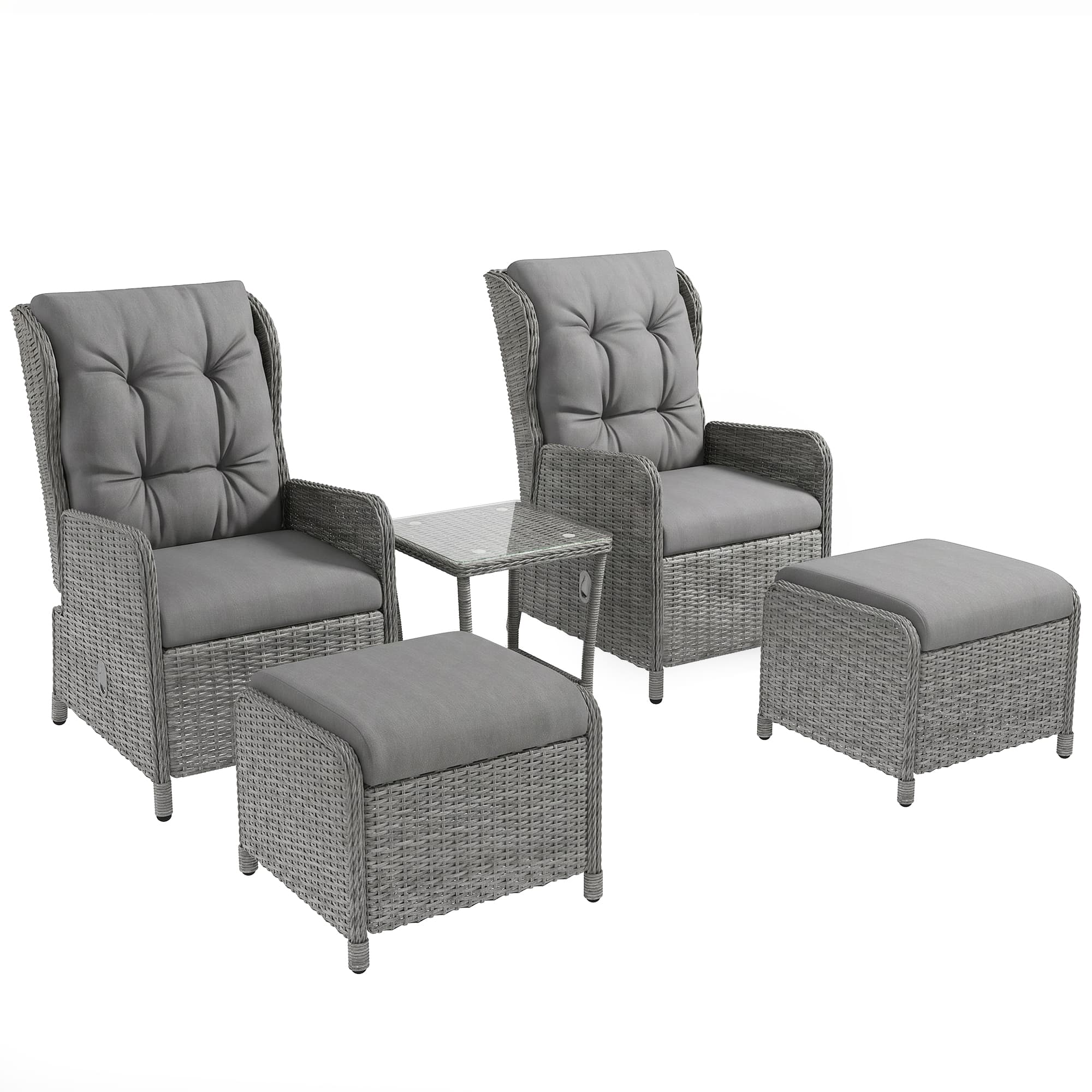 Outsunny 5 Pieces Rattan Bistro Set with Adjustable Back, Reclining Wicker Balcony Furniture with Cushions, Glass Top Coffee Table, Light Grey