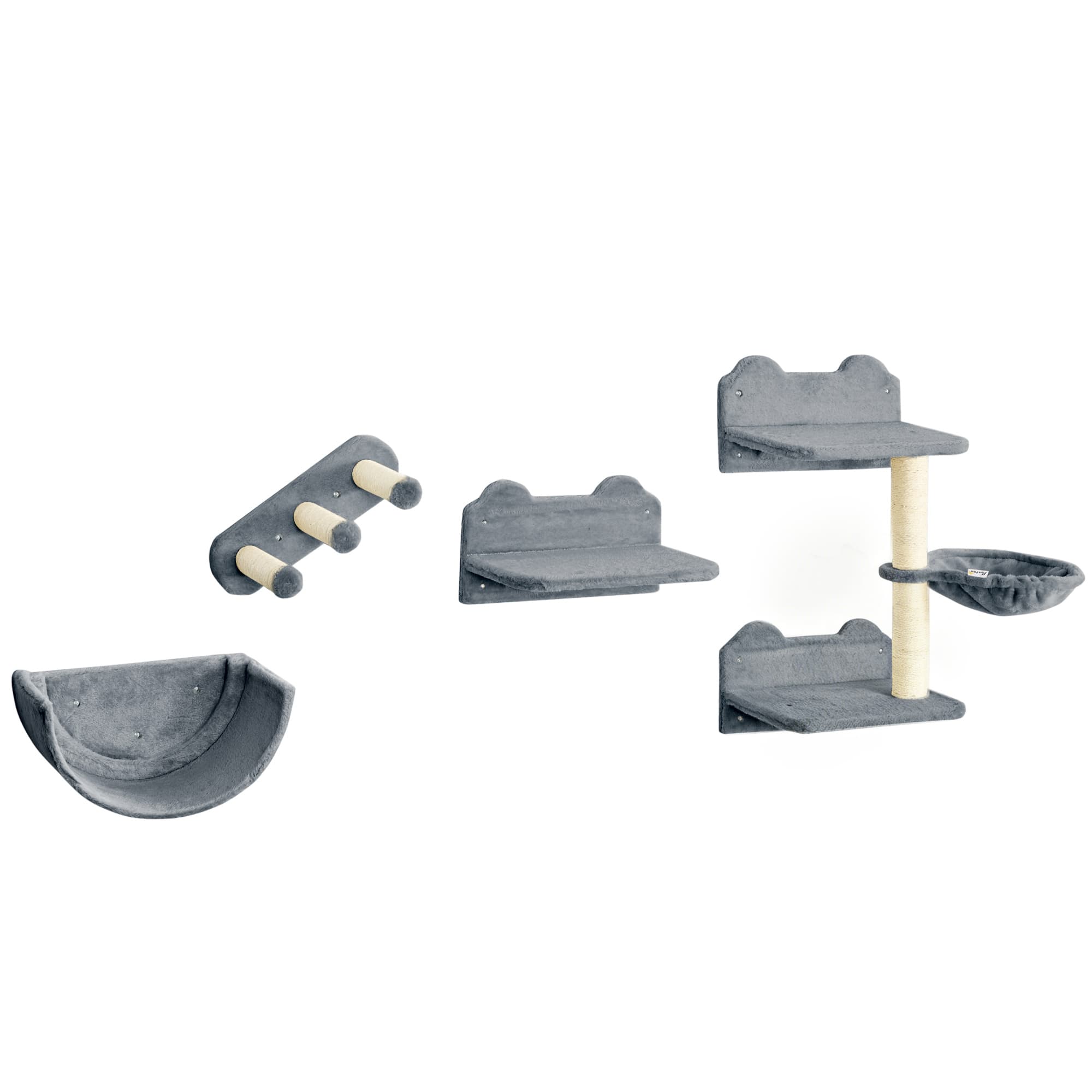 PawHut Cat Shelves Fit Cat Up to 5kg, 4-Piece Set with Scratching Post, Hammock, Nest, Safe for Cats to Play, Grey & Cream | Aosom UK