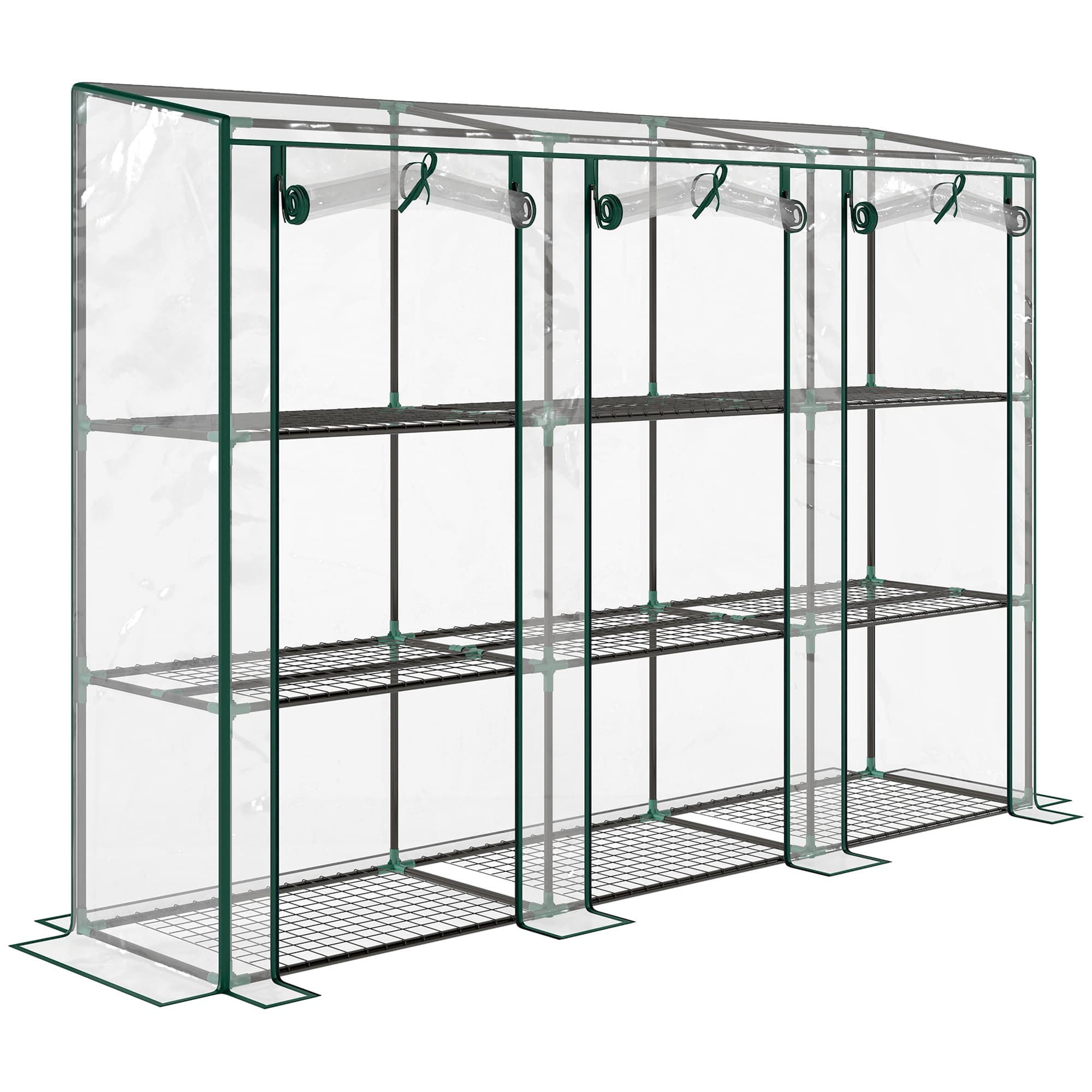 Outsunny 3 Tier Lean-to Mini Greenhouse with Reinforced Plastic Cover, Portable Small Greenhouse with 3 Roll-Up Doors, 215 x 46 x 151cm, Clear