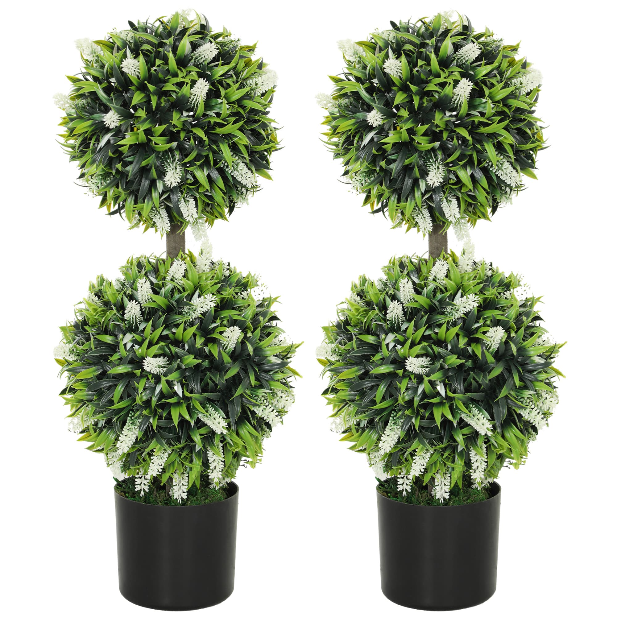 HOMCOM Set of 2 Decorative Artificial Plants Ball Trees with Lavender Flowers in Pot Fake Plants for Home Indoor Outdoor Decor, 70cm, White