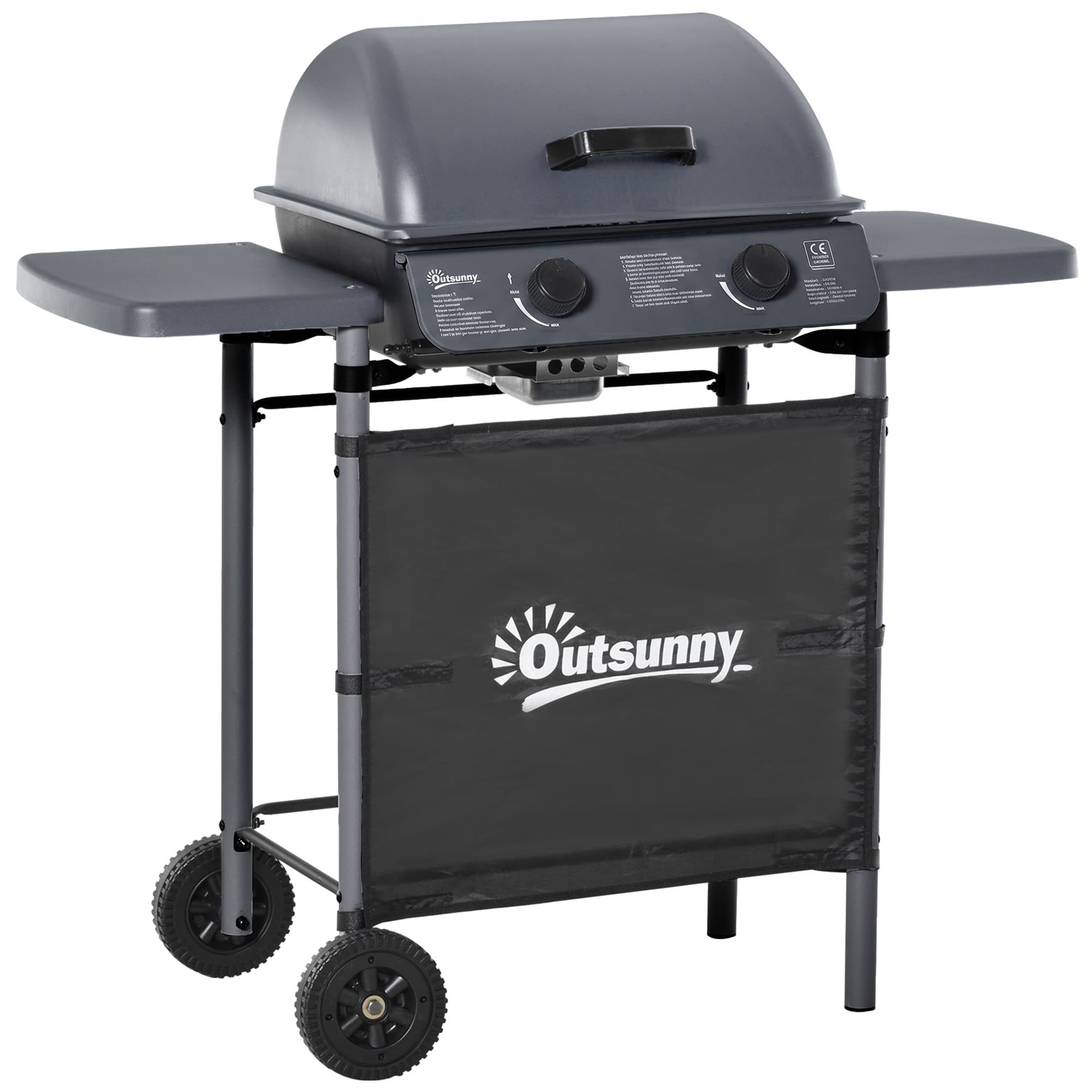 Outsunny 2 Burner Gas BBQ Trolley with Lid, 5.6 kW Gas Barbecue Grill with Wheels, Side Shelves, Grey