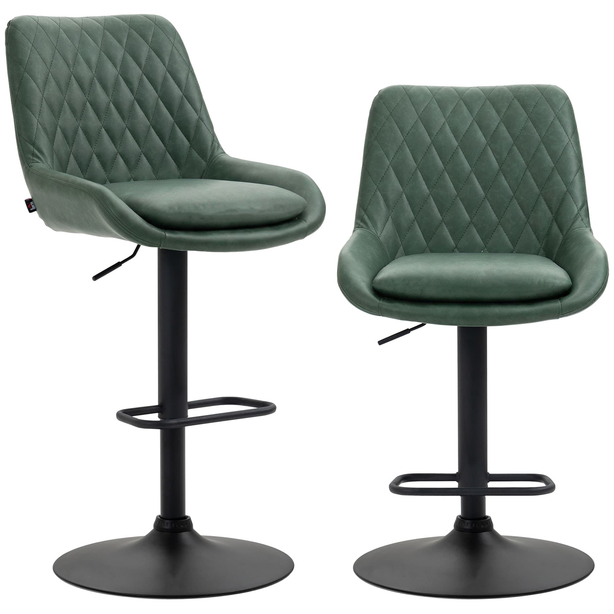 HOMCOM Retro Bar Stools Set of 2, Adjustable Kitchen Stool, Upholstered Bar Chairs with Back, Swivel Seat, Green | Aosom UK
