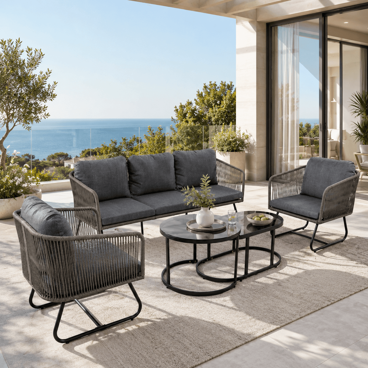 Space-Saving Outdoor Garden Lounge Set with Glass Coffee Table, Adjustable Foot Pads, Garden Settee Set for Patio, Porch, Backyard, Grey | Aosom.UK