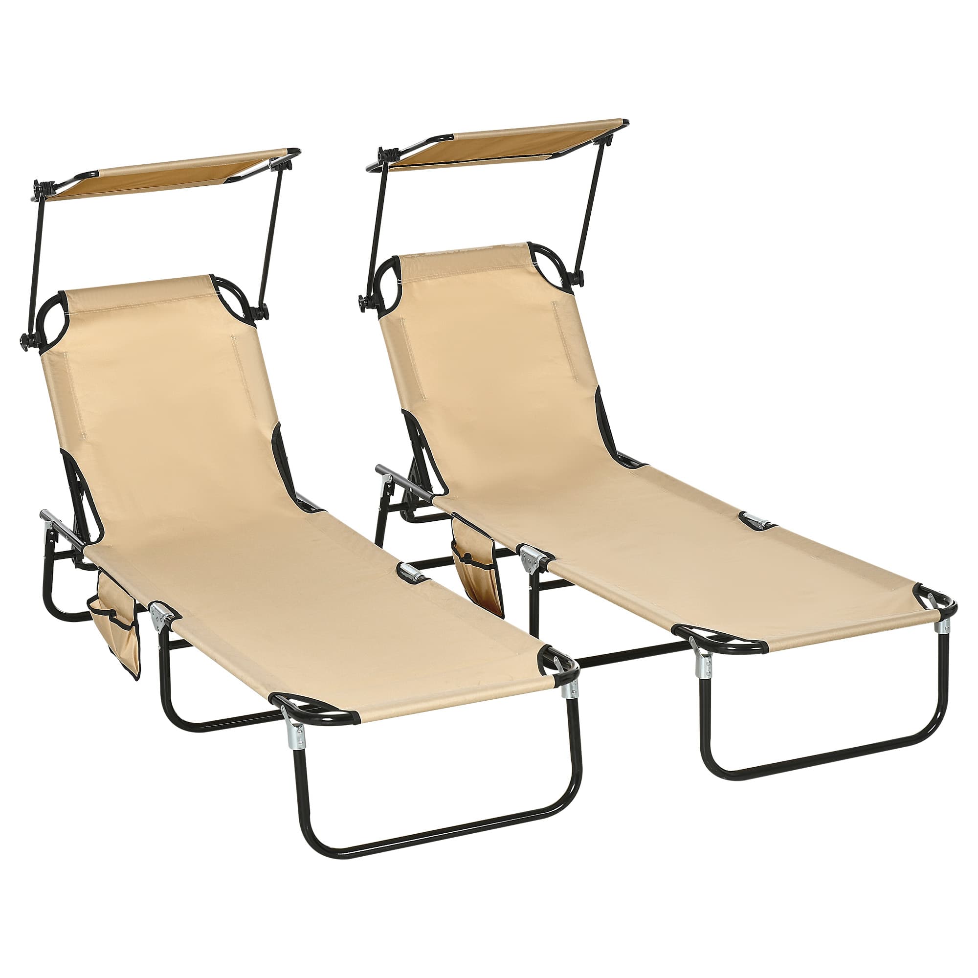 Outsunny 2 Piece Folding Sun Loungers with Canopy, Adjustable Recliner Garden Chairs with Side Pockets and Breathable Mesh for Beach, Garden