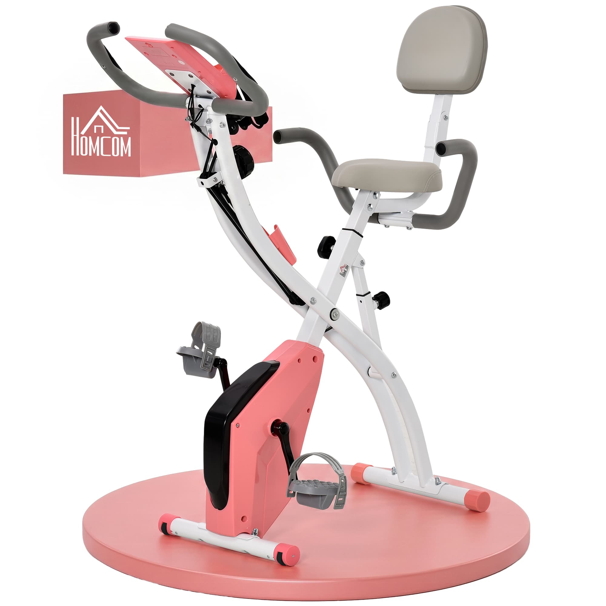 HOMCOM 2-in-1 Upright Exercise Bike Stationary Foldable Magnetic Recumbent Cycling with Arm Resistance Bands Pink | Aosom UK