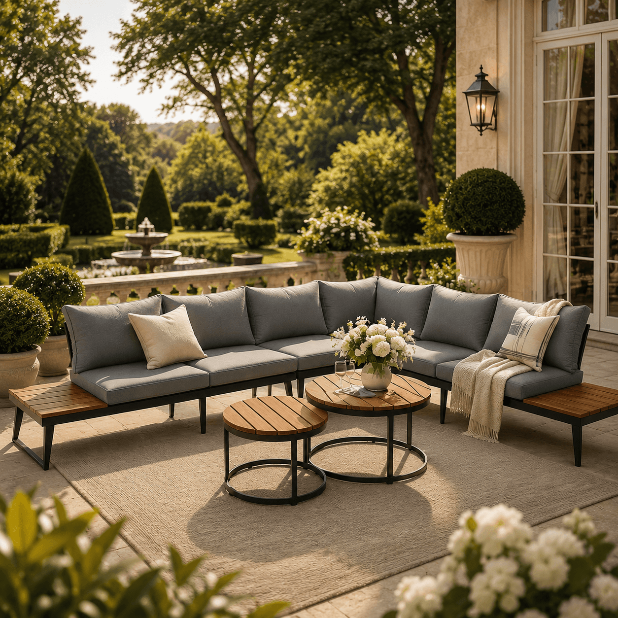 6-Piece Outdoor Sofa Set, Sectional Sofa Set with Acacia Wood Tables, Galvanised Iron Frame, 160L x 64W x 75H cm, Grey | Aosom UK