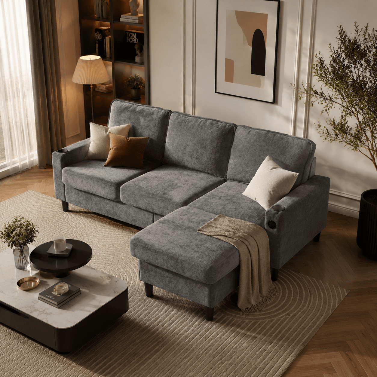 L-Shaped Corner Sofa with USB Charging Ports, Cup Holders, Ergonomic 3-Seater Sectional Couch for Apartment, 202L x 137W x 80H cm, Grey | Aosom.UK