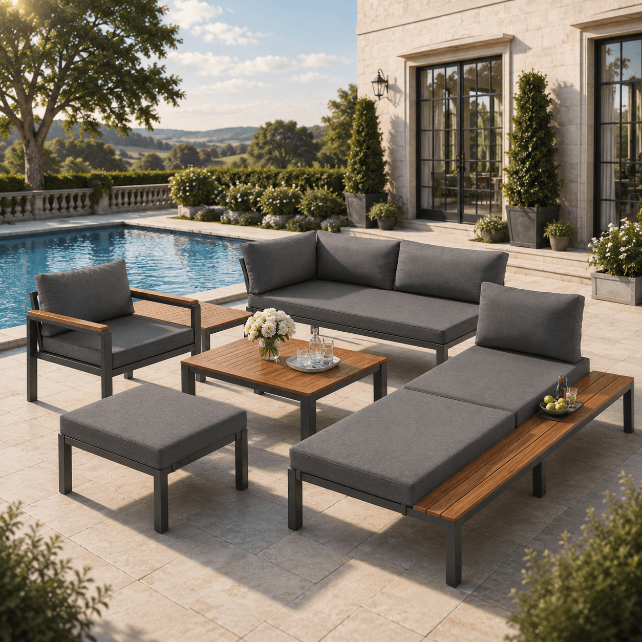 Modular Outdoor Garden Sofa Set with Aluminium Frame, Sturdy Lounge Set with Acacia Wood Coffee Table, 150L x 81.5W x 76H cm, Gray | Aosom UK