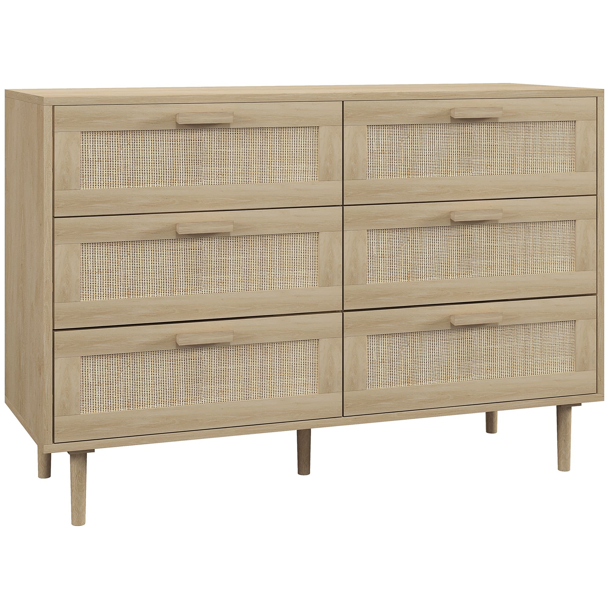 HOMCOM Chest of Drawers, 6-Drawer Dresser, Tall Storage Drawer Unit with Rattan Element for Bedroom, Living Room, Oak