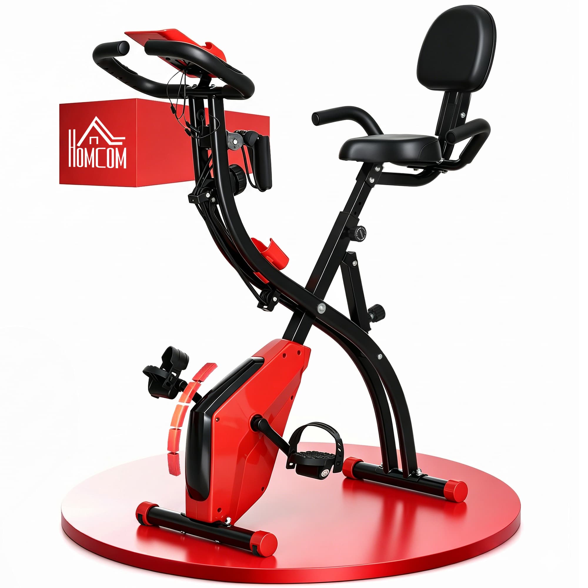 HOMCOM 2-In-1 Upright Exercise Recumbent Bike Adjustable Resistance Stationary Fitness Home Gym Foldable w/ Armrests LCD Monitor Cycling Wheels Red