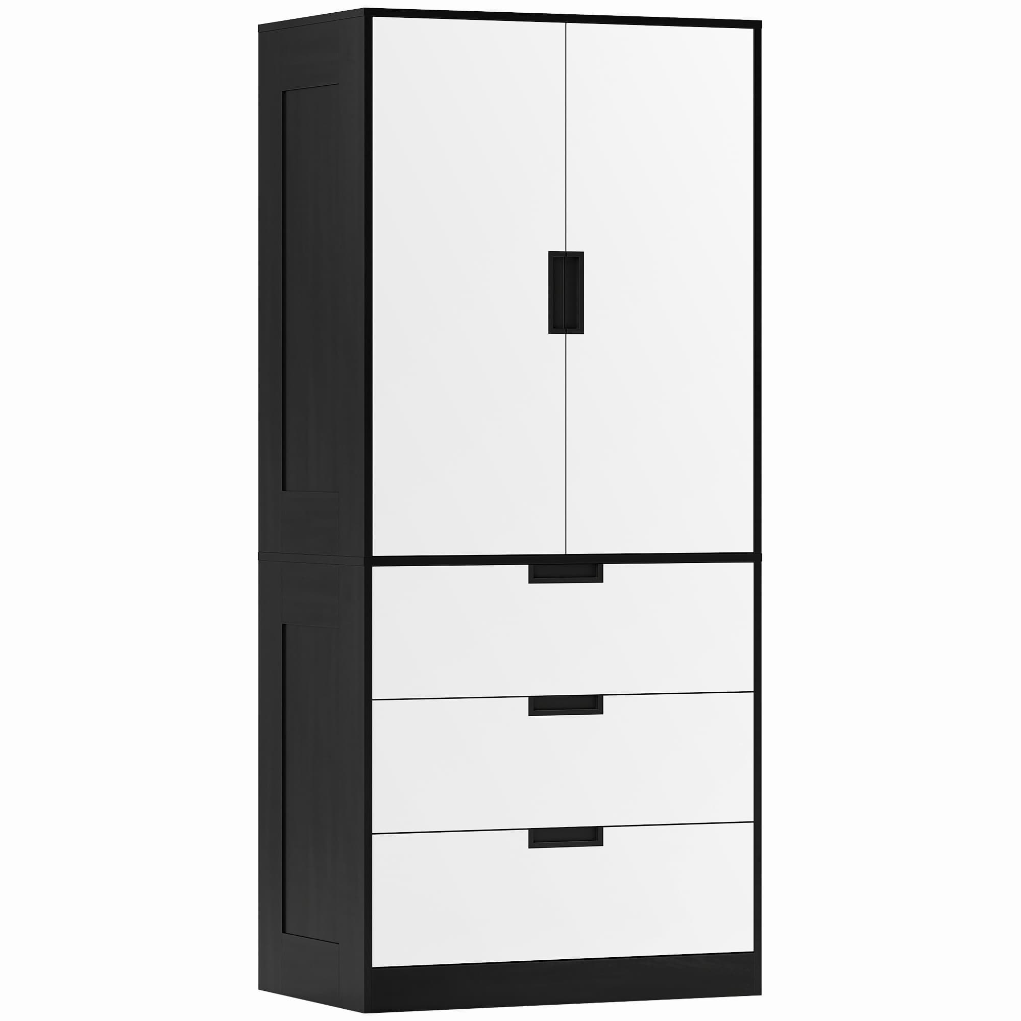 HOMCOM Modern Wardrobe Double-Door Wardrobe with Drawers Black & White Wardrobe 3 Drawers & Hanging Rod, Black & White | Aosom UK