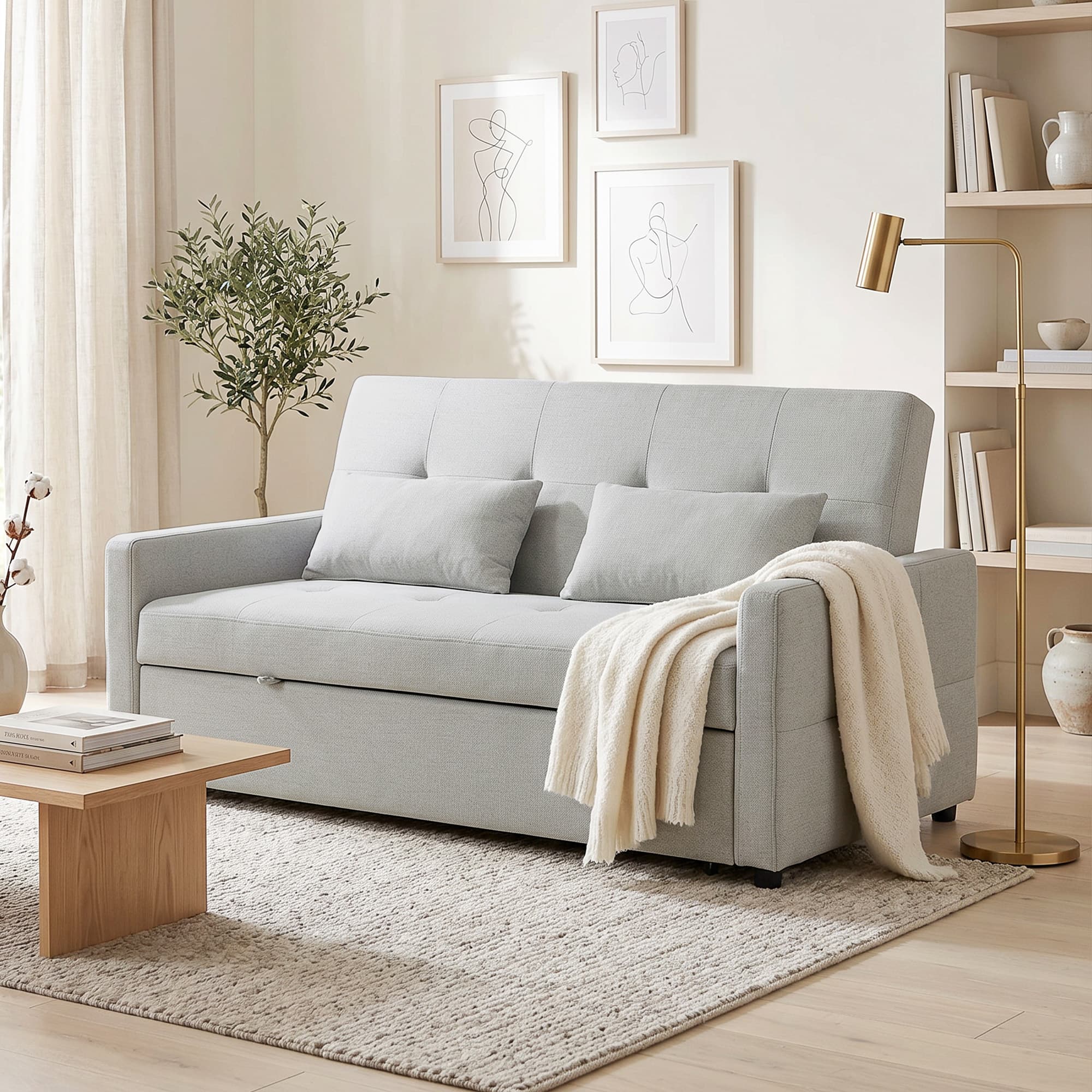 HOMCOM 2-Seater Sofa Bed, Compact Convertible Fabric Couch for Living Room or Guest Room, Light Grey | Aosom UK