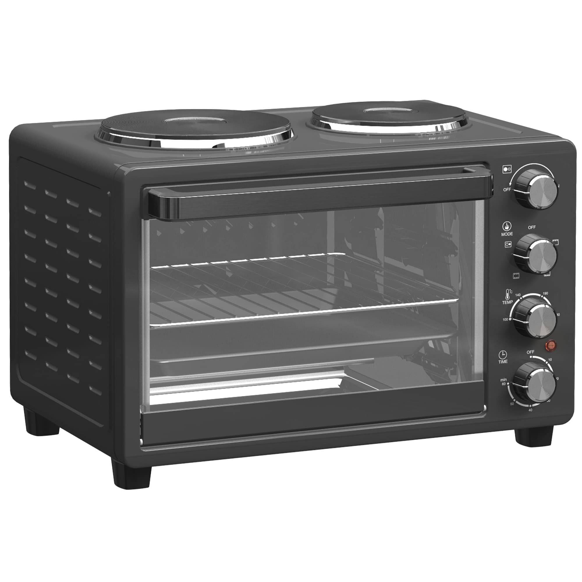 HOMCOM 28L Mini Oven with 2 Hot Plates, Countertop Toaster Oven, Grill, Roast, Bake, Boil, with Timer, Adjustable Temperature, 2600W, Black
