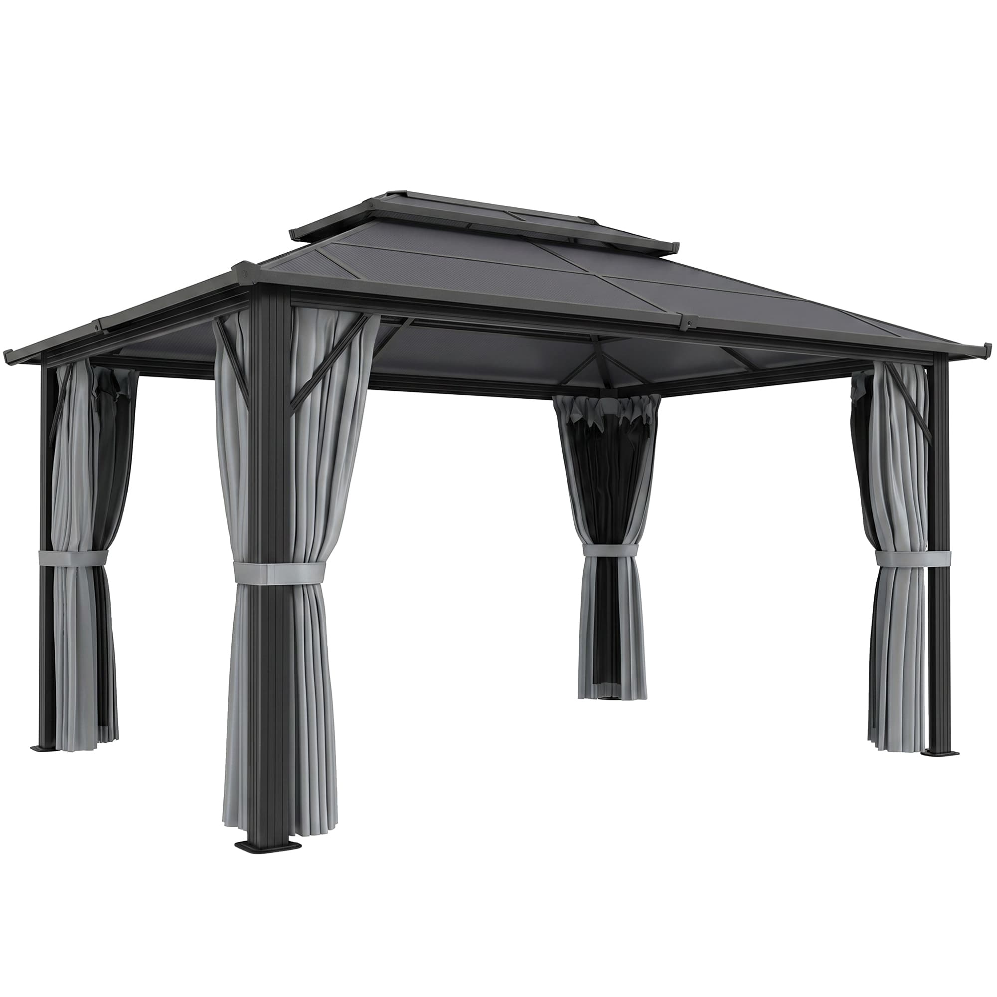 Outsunny 3 x 4m Hardtop Gazebo Canopy with UPF30+ Roof, Garden Gazebo Permanent Pavilion with Mosquito Netting and Curtains for Patio, Deck, Grey