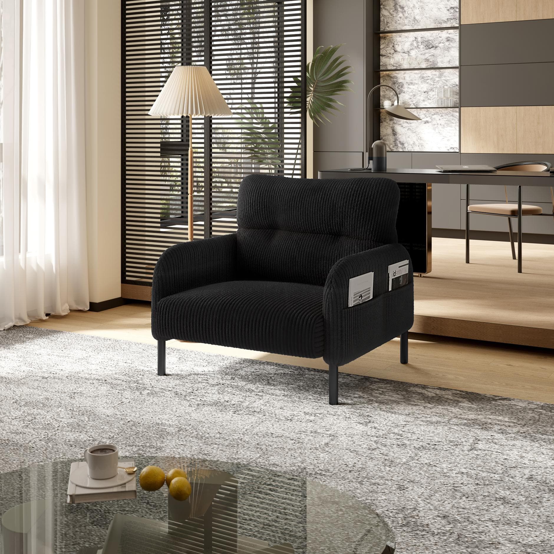 Corduroy Single-Seater Armchair with High-Density Foam Cushion, Ergonomic Wide Seat with Storage Pockets, 67L x 75W x 79H cm, Black | Aosom UK
