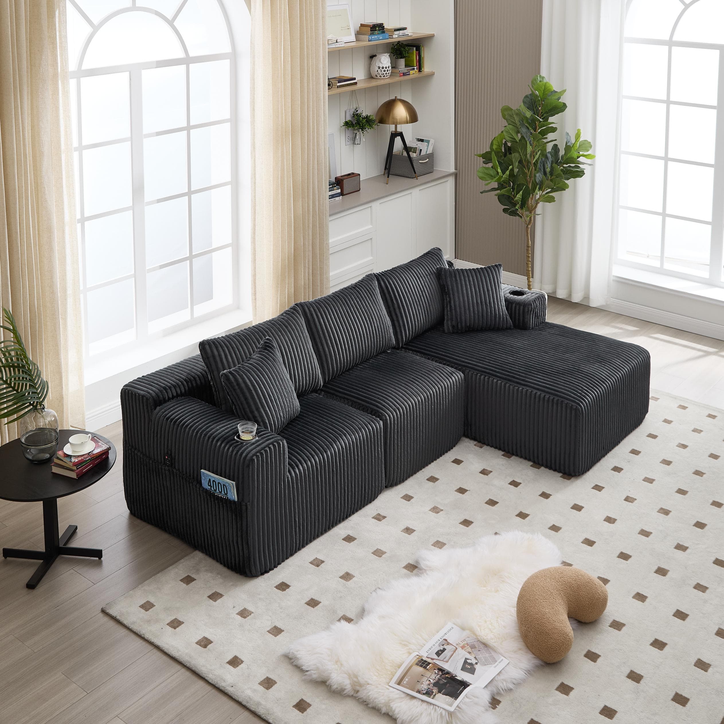 Modular L-Shaped Sectional Sofa with Deep Seat, Plush Corduroy Boneless Couch for Living Room, 257L x 160W x 80H cm, Gray | Aosom UK