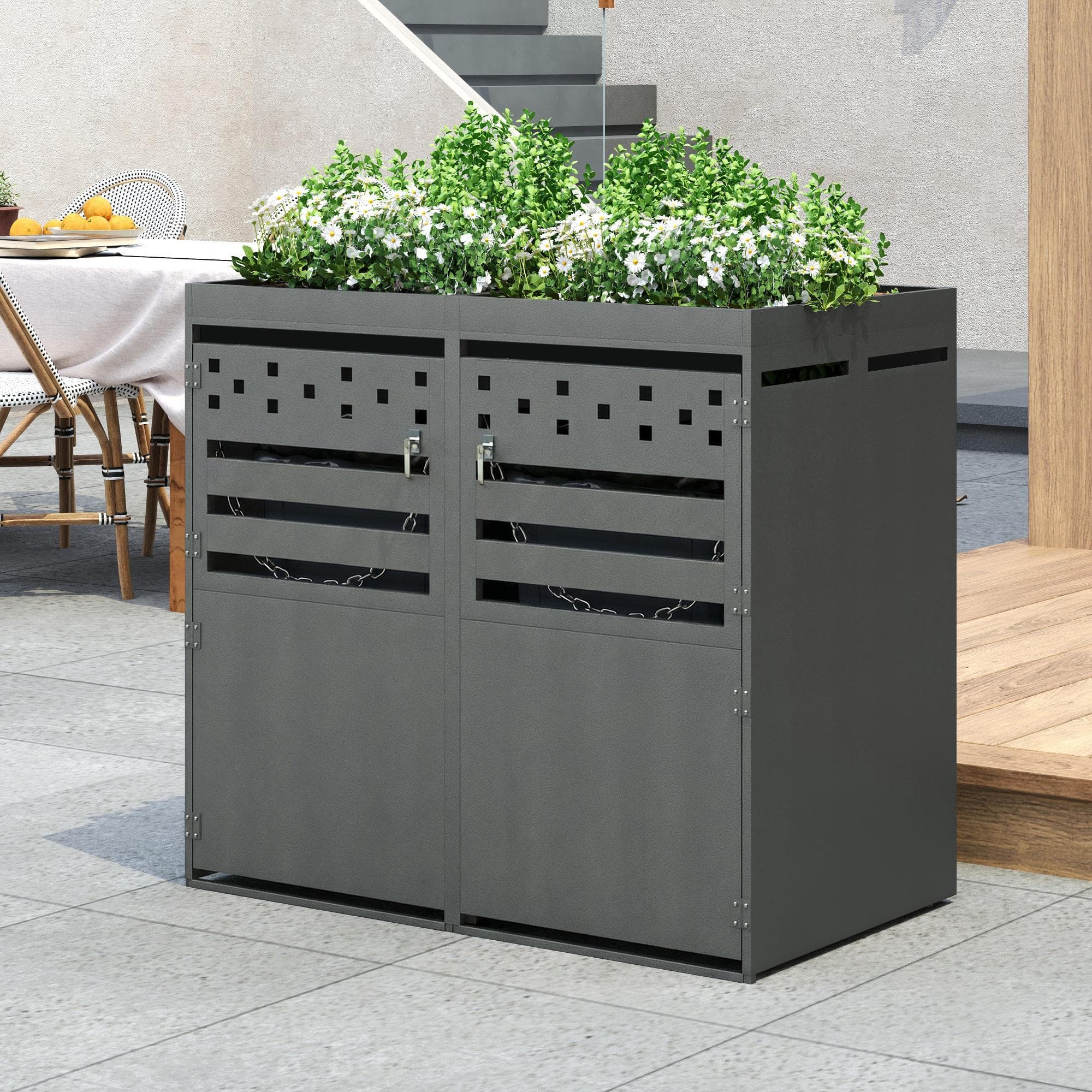 Double Wheelie Bin Storage Box with Planting Top, Galvanised Steel Lockable Bin Store with Ventilation Slots, 132L x 80W x 125H cm, Grey | Aosom UK