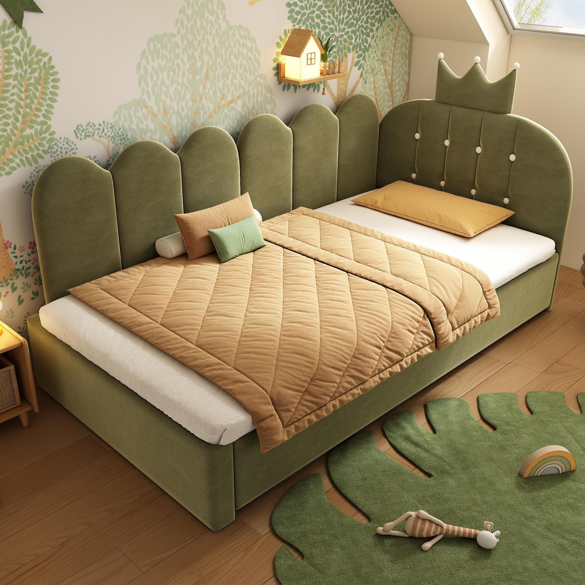 Upholstered Daybed with Pull-Out Trundle and Lattice Detail, Crown-Headboard Kids Bed with Metal Slatted Frame, 194L x 98W x 95H cm, Green | Aosom UK