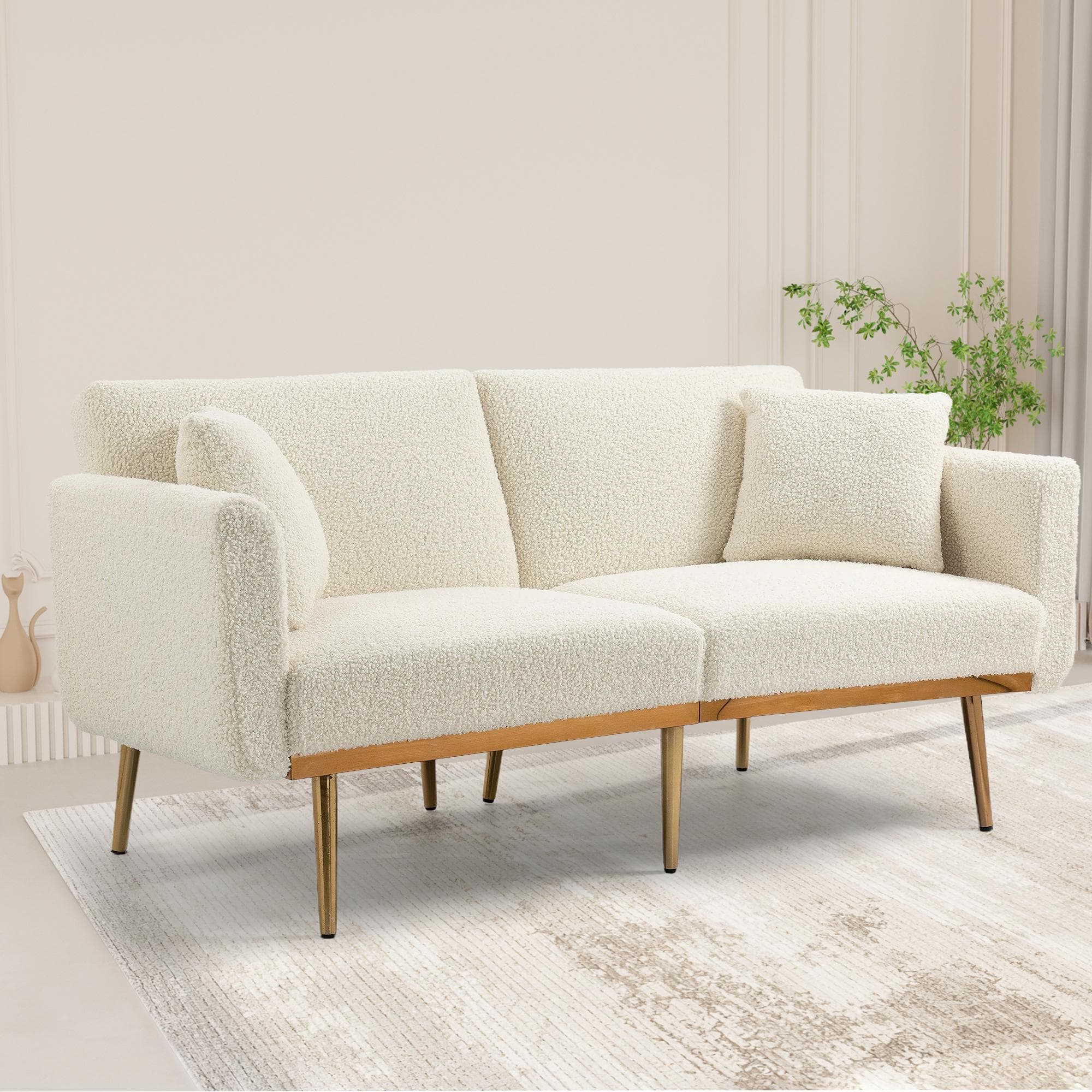 Modern 2-Seater Sofa with 3-Position Adjustable Backrest, Durable Loveseat with Thick Padded Cushions, 165L x 72.5W x 75H cm, White Teddy | Aosom UK