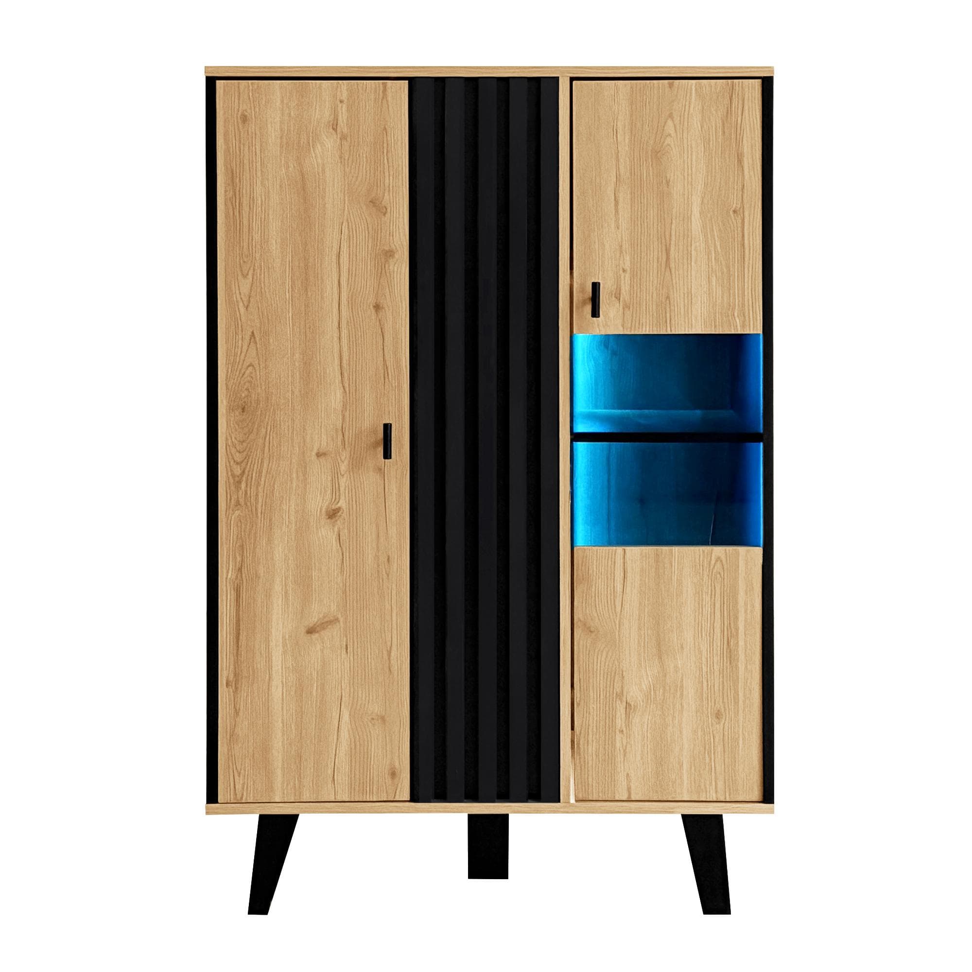 Modern Display Cabinet with Decorative Glass Doors, Versatile Sideboard with 3 Adjustable Shelves, 80L x 120W x 40H cm, Black+Wood | Aosom UK