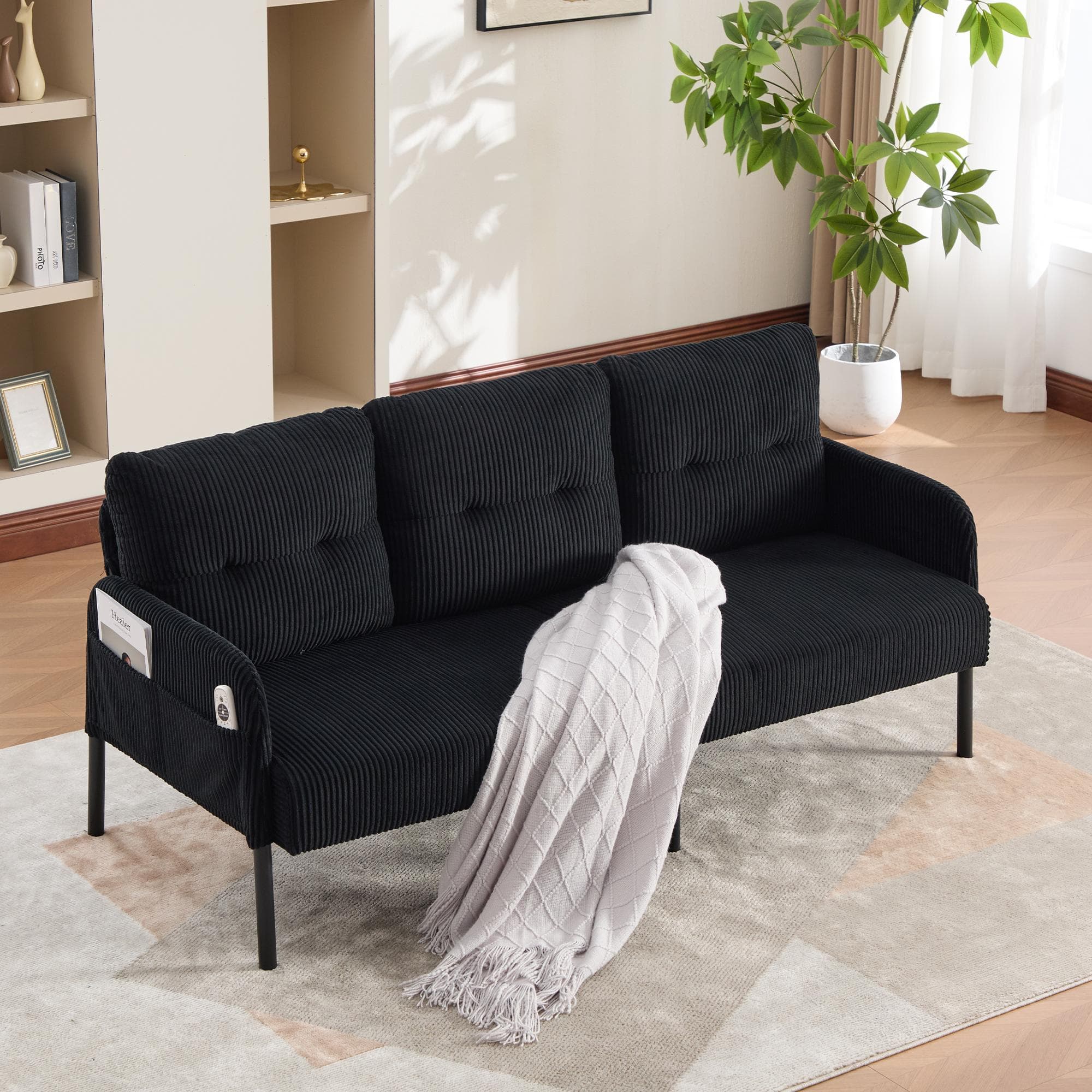 Oversized Two-Seater Corduroy Sofa with Ergonomic Curves, Comfortable Loveseat with Dual Side Storage Pockets, 171L x 72W x 80H cm, Black | Aosom UK