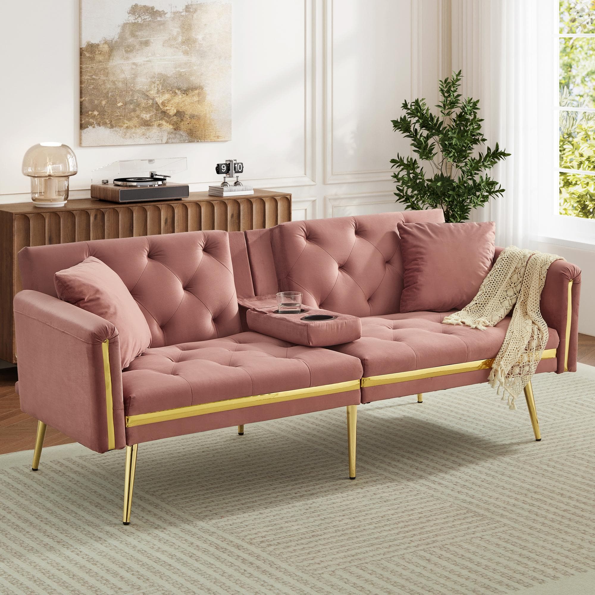 Two-Seater Convertible Sofa Bed with  Adjustable Backrest, Space-Saving Sleeper Sofa with High-Density Foam, 174L x 76W x 71.5H cm, Pink | Aosom UK