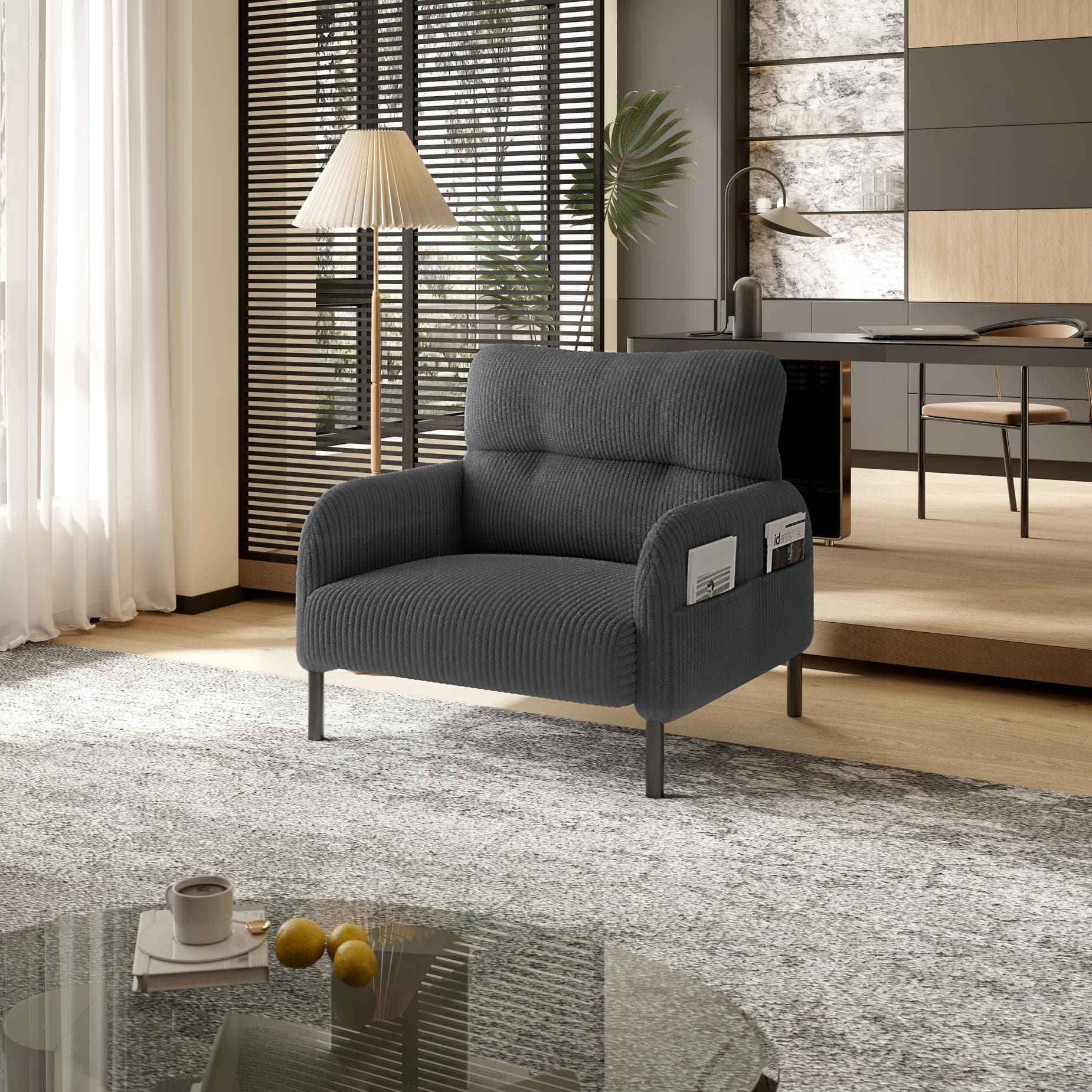Corduroy Single-Seater Armchair with High-Density Foam Cushion, Ergonomic Wide Seat with Storage Pockets, 67L x 75W x 79H cm, Gray | Aosom UK