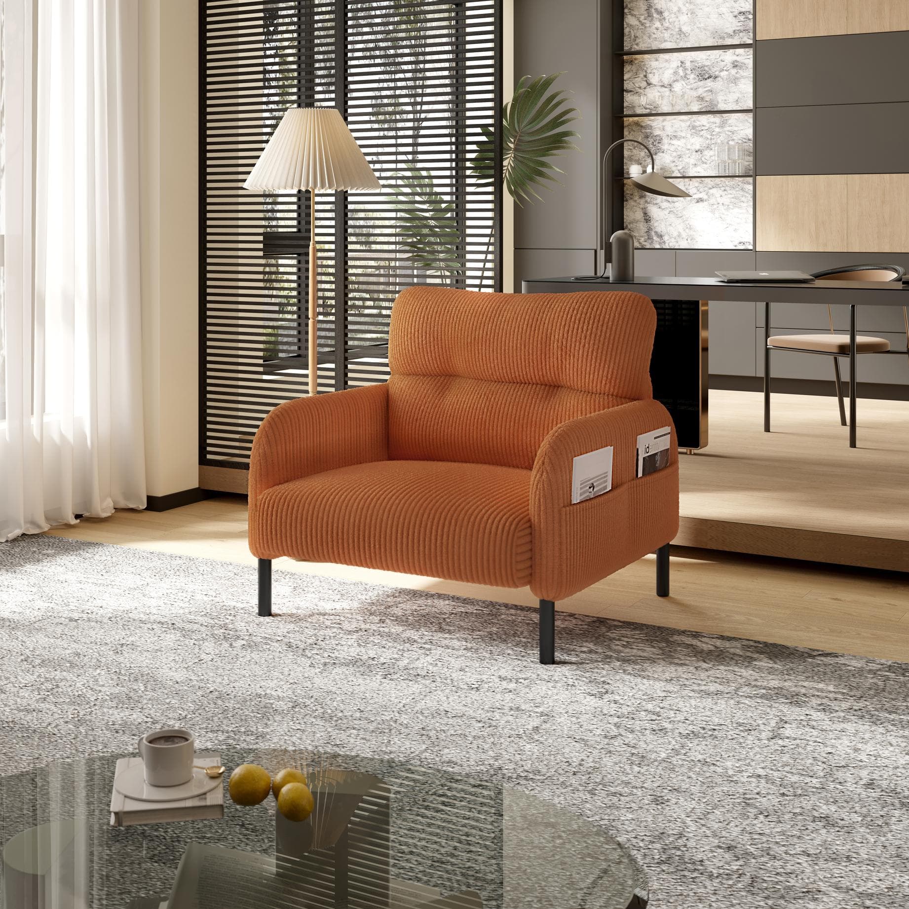 Corduroy Single-Seater Armchair with High-Density Foam Cushion, Ergonomic Wide Seat with Storage Pockets, 67L x 75W x 79H cm, Orange | Aosom UK