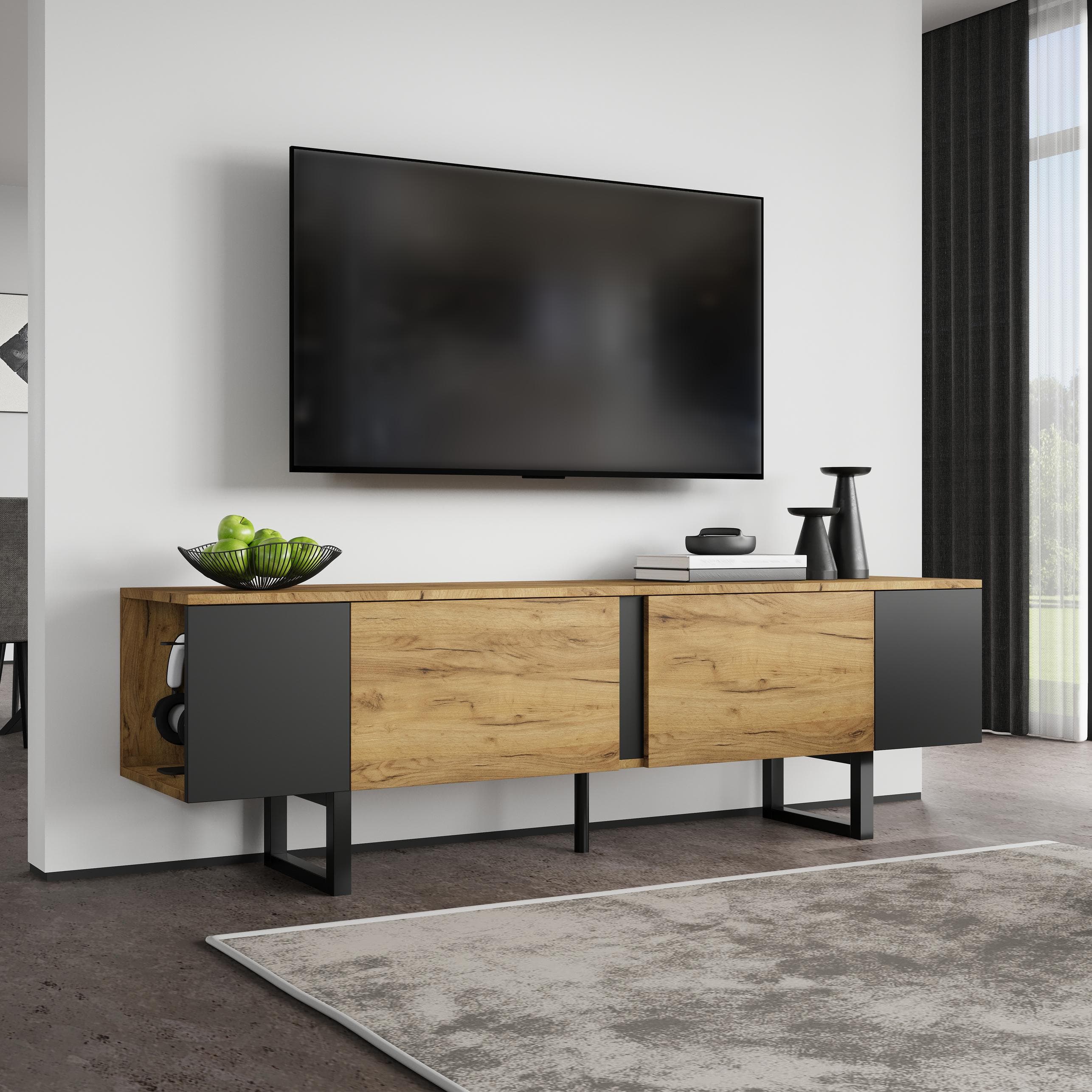 Natural-Wood TV Cabinet with Open Shelves and Soft-Close Doors, Stylish TV Stand with Chipboard Construction, 180L x 40W x 55H cm, Natural | Aosom UK