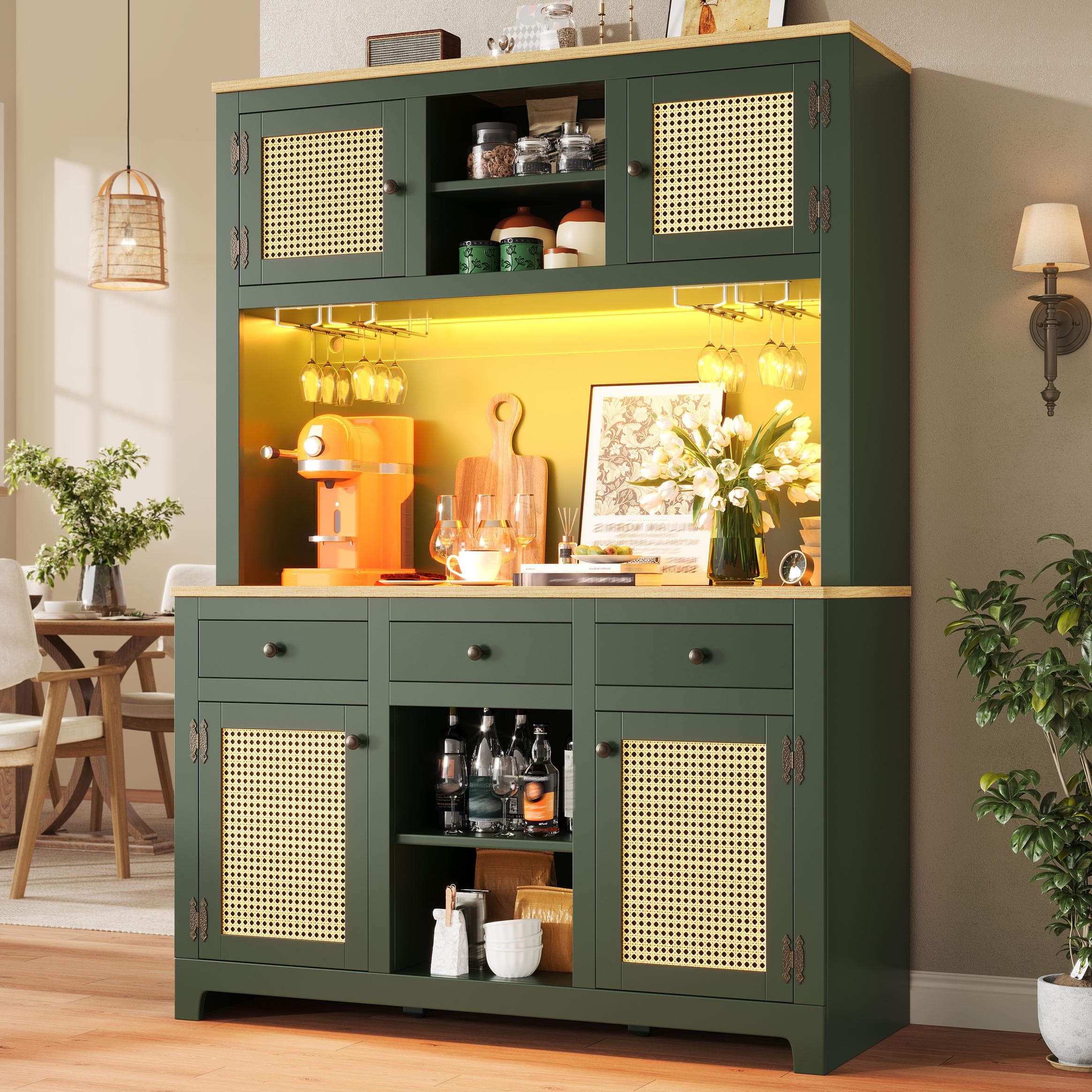 Large Storage Cabinet with Adjustable Shelves, Tall Kitchen Cupboard with Colour-Changing Lighting, 120L x 40W x 180H cm, Antique Green | Aosom UK