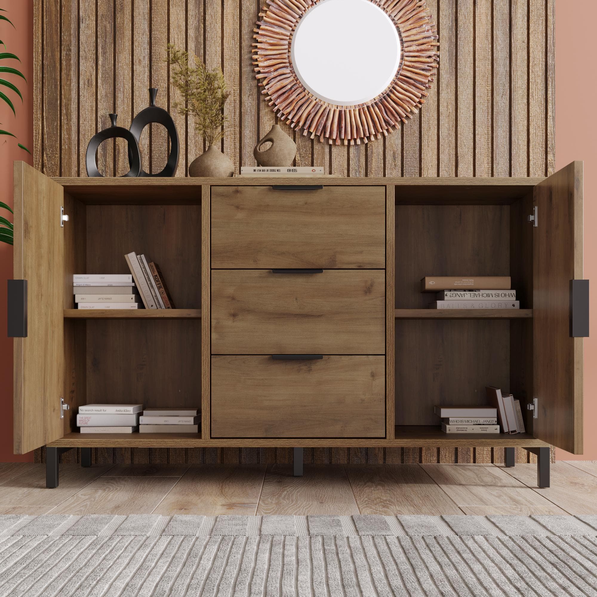 Modern Industrial Sideboard with Adjustable Feet, Combo Buffet Cabinet with Height-Adjustable Shelf, 120L x 40W x 76H cm, Dark Oak | Aosom UK