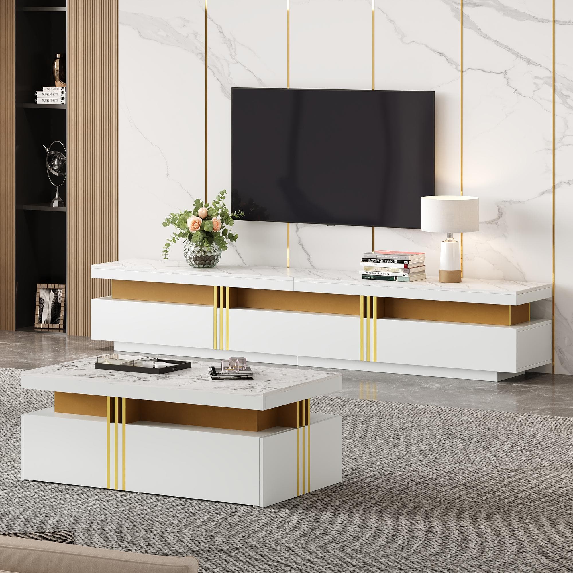 TV Stand and Coffee Table Set with Ample Storage, 2-Piece Living Room Furniture Set with Durable Particleboard, 200L x 40W x 42H cm, White | Aosom UK
