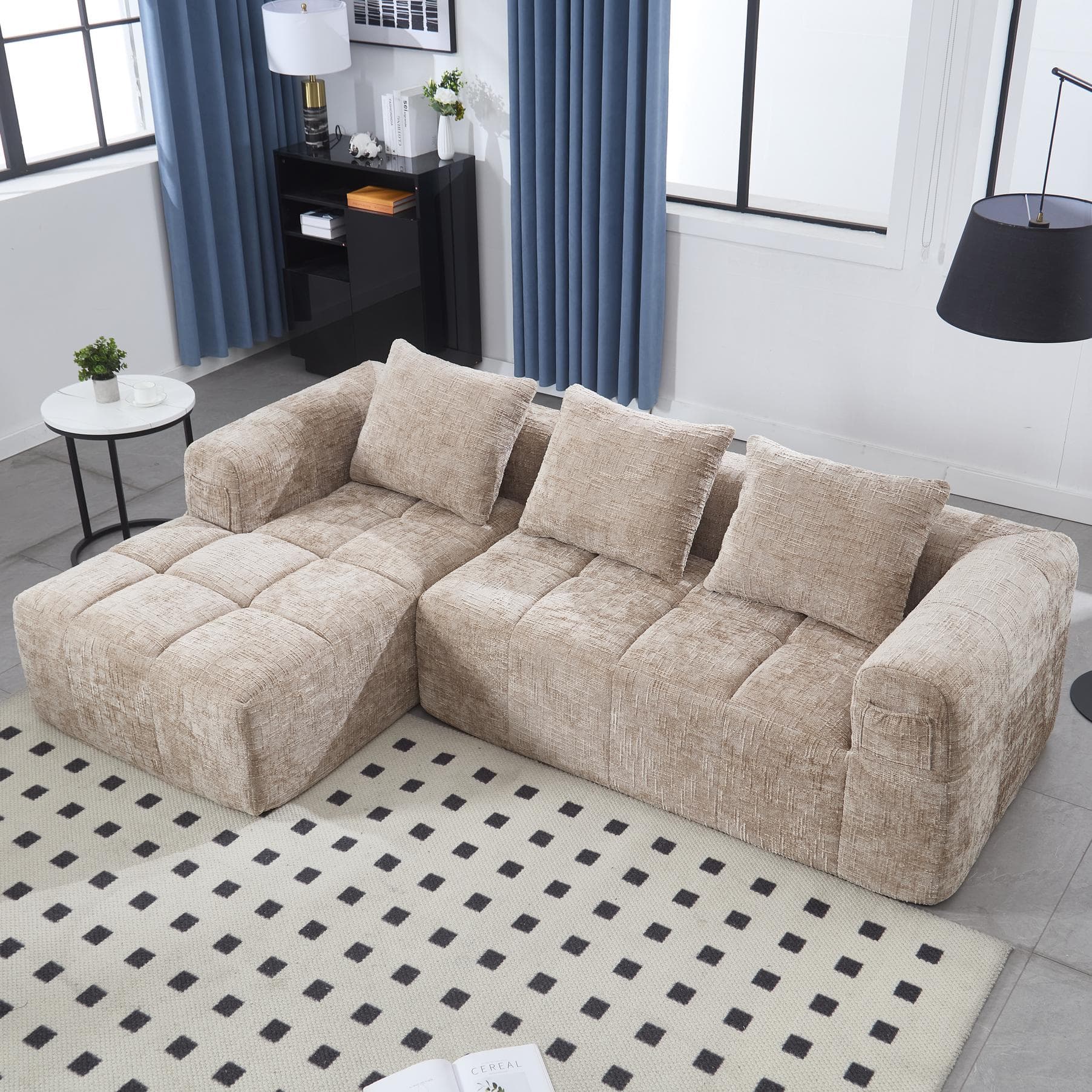 Oversized Modular L-Shaped Sofa with Deep-Seated Sleeper Design, Plush Sectional Sofa with Hidden Side Pockets, 250L x 158W x 60H cm, Khaki | Aosom UK