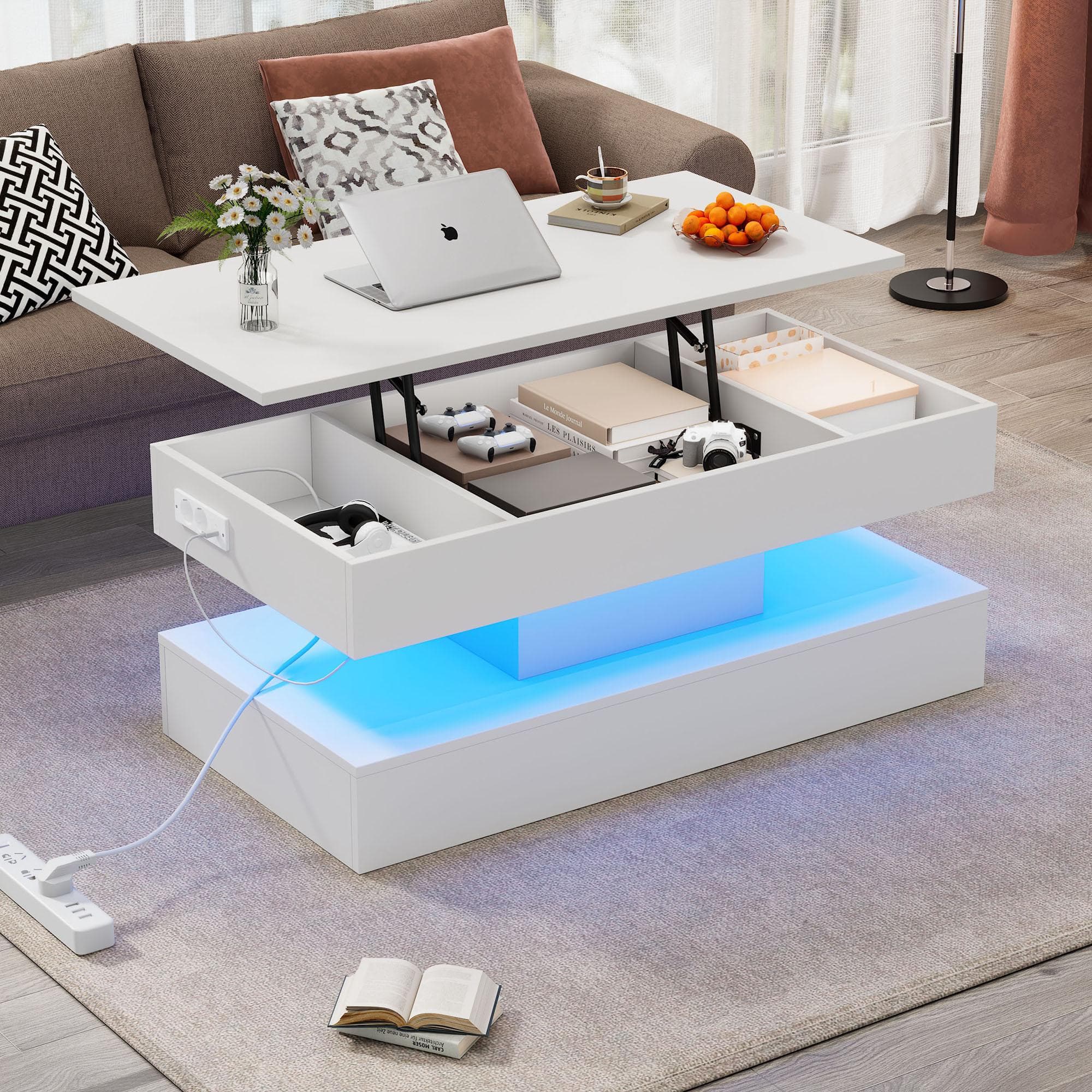 Modern Coffee Table with Bluetooth-Controlled LED Lighting, Lift-Up Center Table with Hidden Storage, 100L x 50W x 42H cm, White | Aosom UK