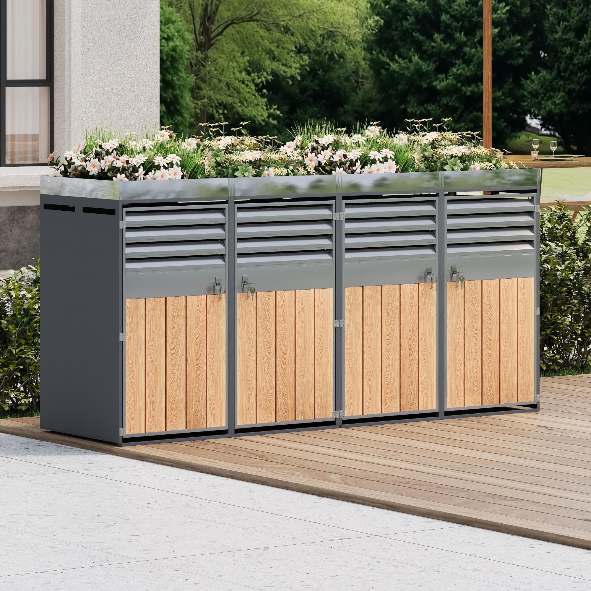 Lockable Bin Storage Unit with Integrated Planter, Durable Trash Can Shed with Corrosion-Resistant Frame, 264L x 80W x 124.5H cm, Grey+Wood | Aosom UK