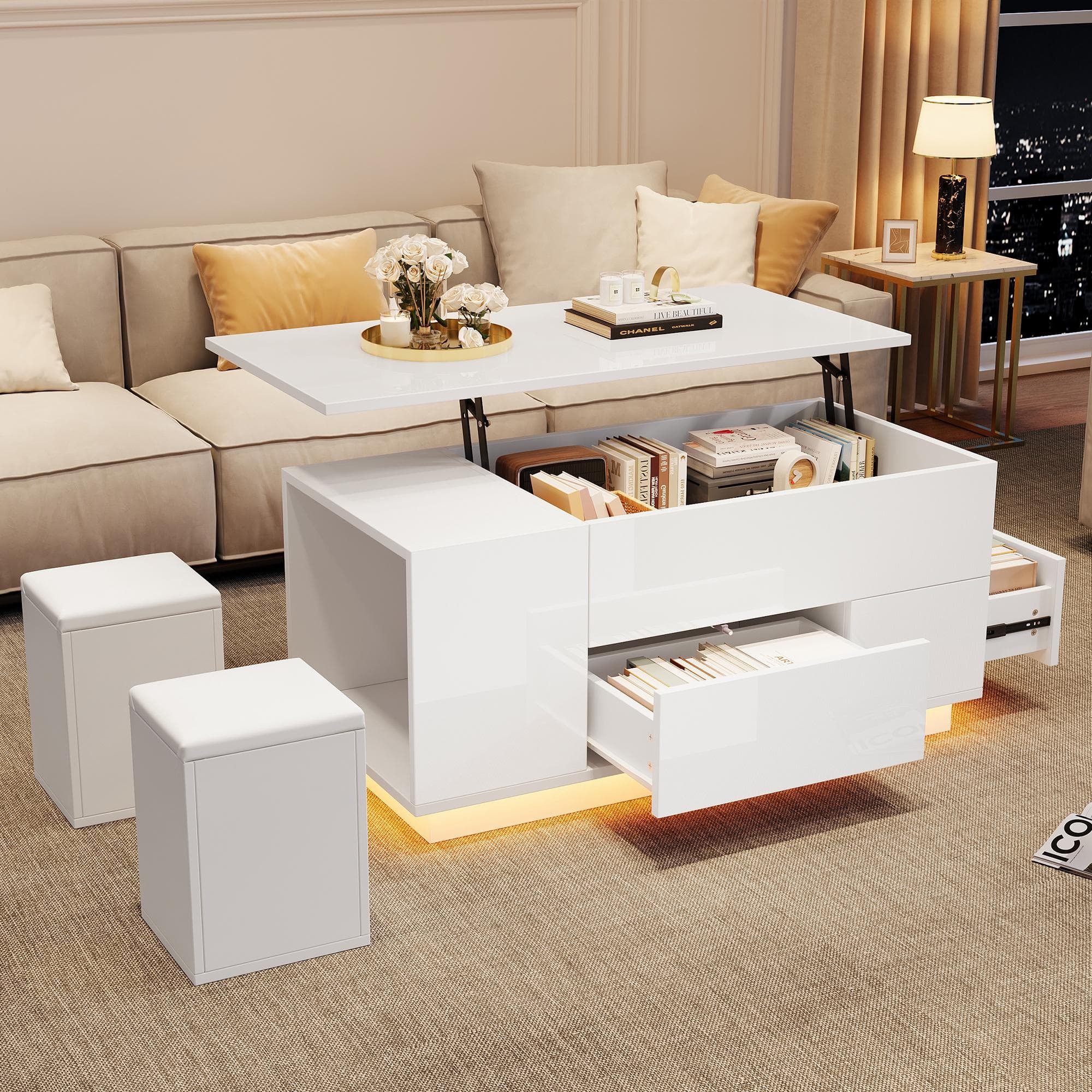Lift-Top Coffee Table with App-Controlled LED, Sleek White Center Table with 2 Storage Ottomans, 100L x 50W x 45H cm, White | Aosom UK