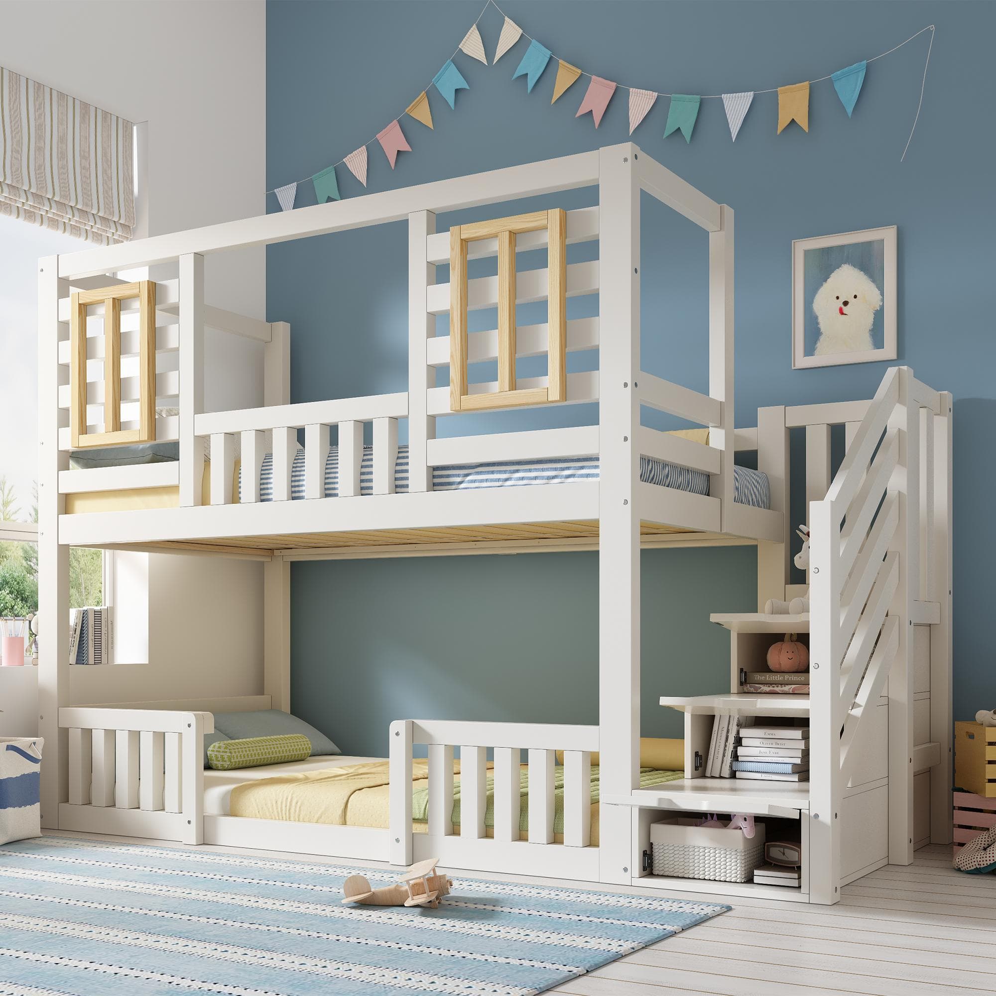 Cabin-Style Bunk Bed with Staircase Storage and Guardrail, White Window-Detailed Cabin Bed with Slatted Bases, 244L x 95W x 170H cm, White | Aosom UK