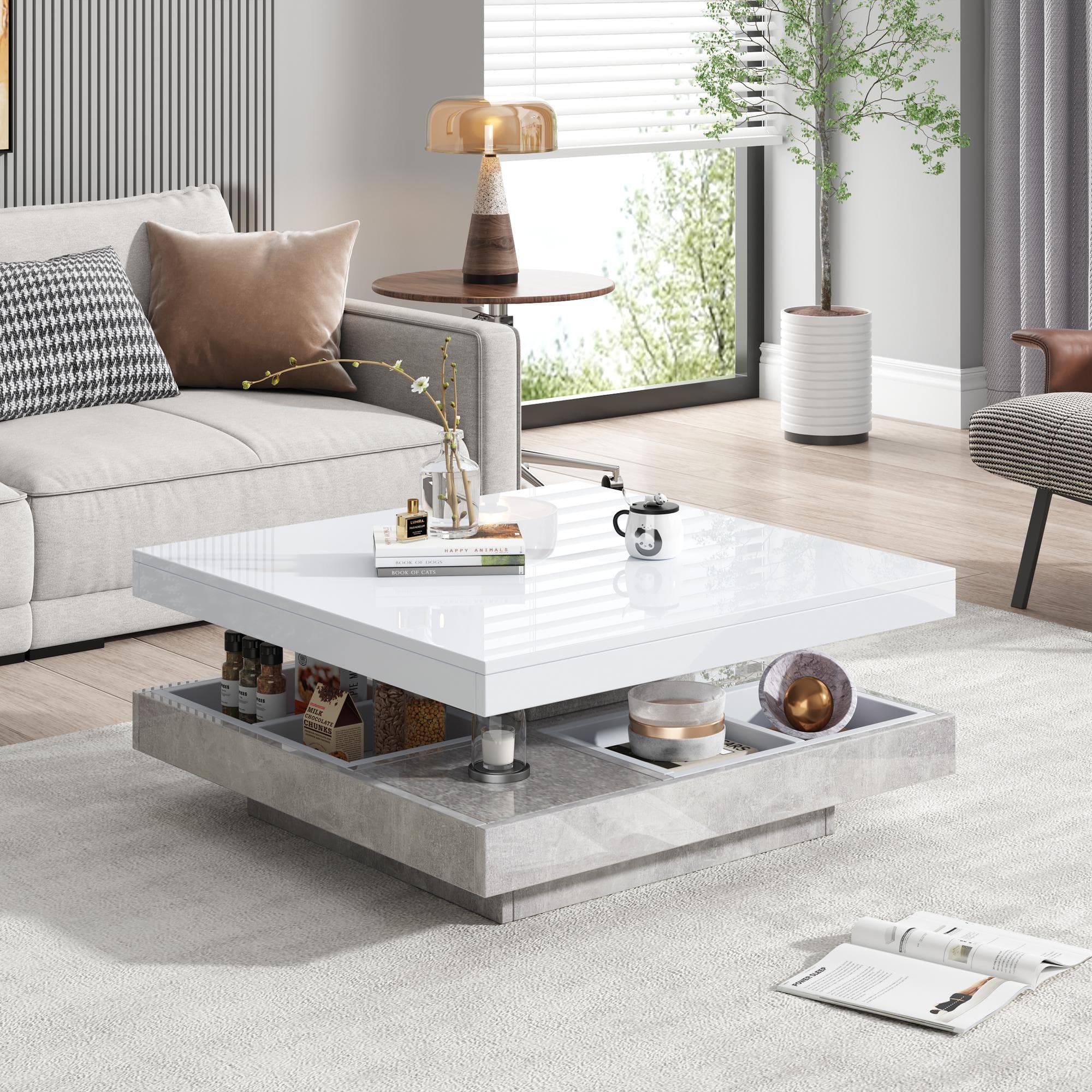 360° Rotating Coffee Table with Concealed Storage Compartments, White Center Table with Durable Construction, 70L x 70W x 36H cm, White | Aosom UK