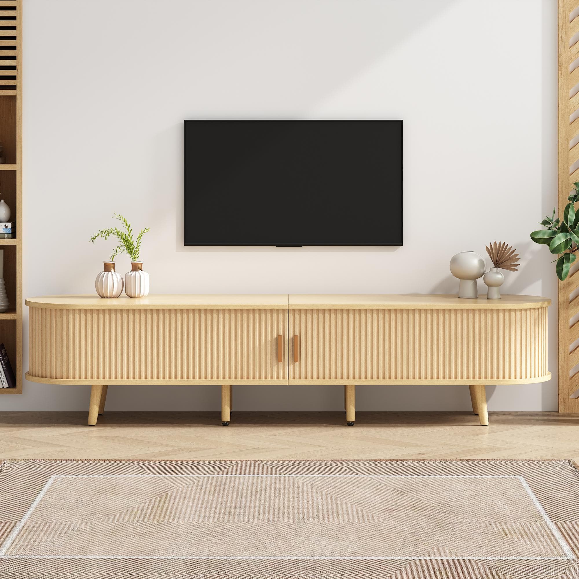 Minimalist TV Stand with Oval Top and Rounded Corners, Light Oak TV Cabinet with Solid Wood Legs, 175L x 40W x 40H cm, Oak | Aosom UK