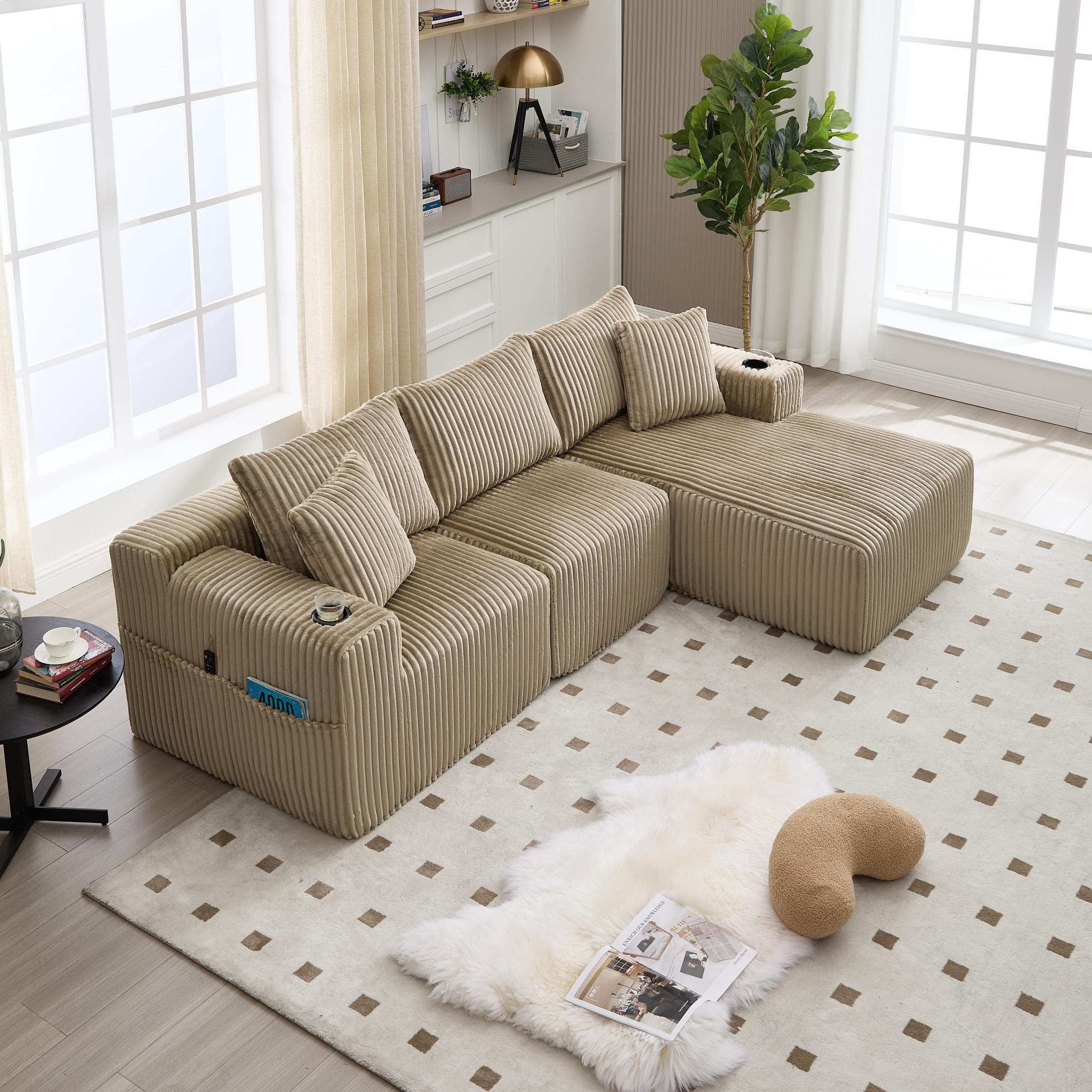 Modular L-Shaped Sectional Sofa with Deep Seat, Plush Corduroy Boneless Couch for Living Room, 257L x 160W x 80H cm, Khaki | Aosom UK