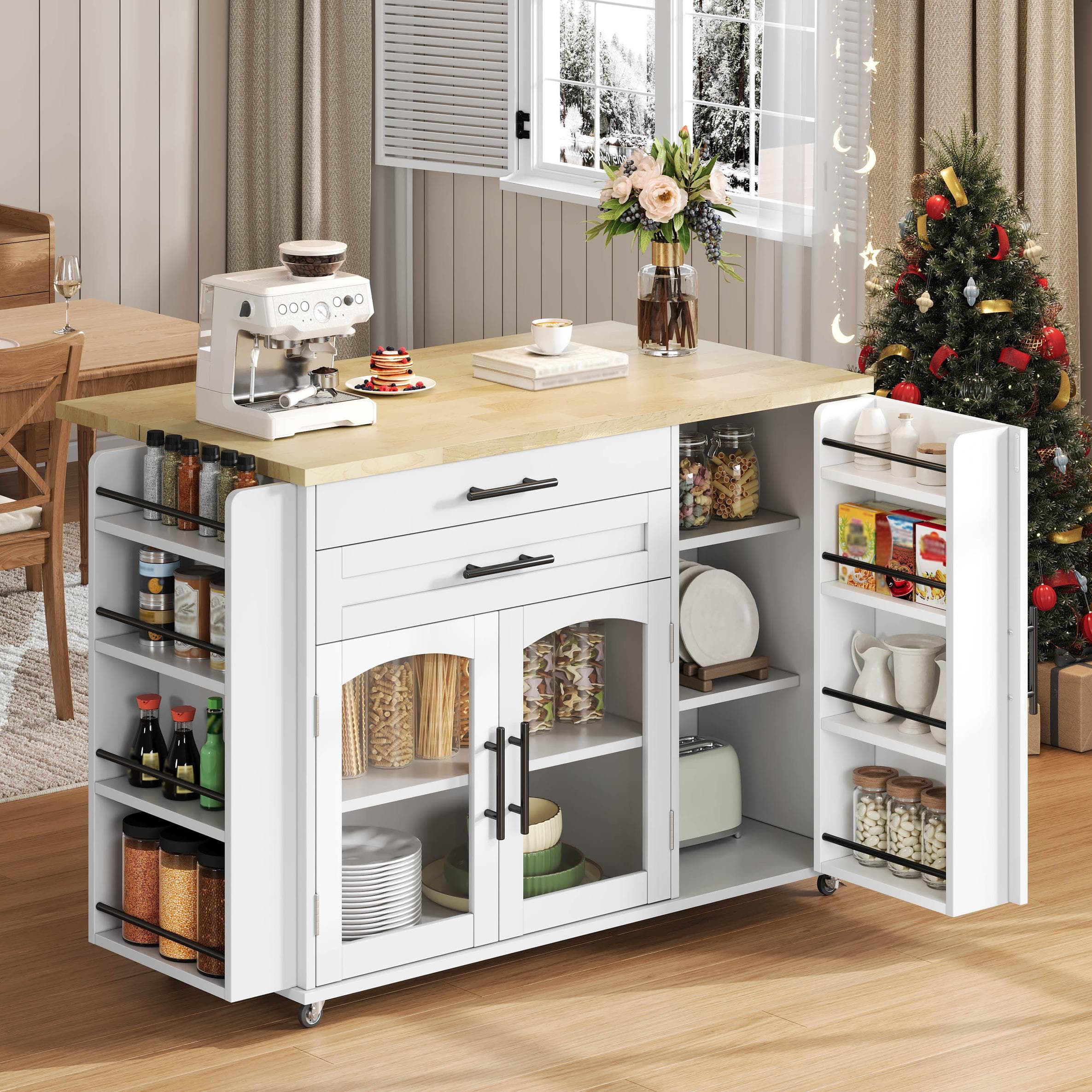 Mobile Kitchen Island Trolley with Lockable 360° Wheels, Glass-Door Storage Cabinet with Adjustable Shelves, 138L x 70W x 90H cm, White | Aosom UK