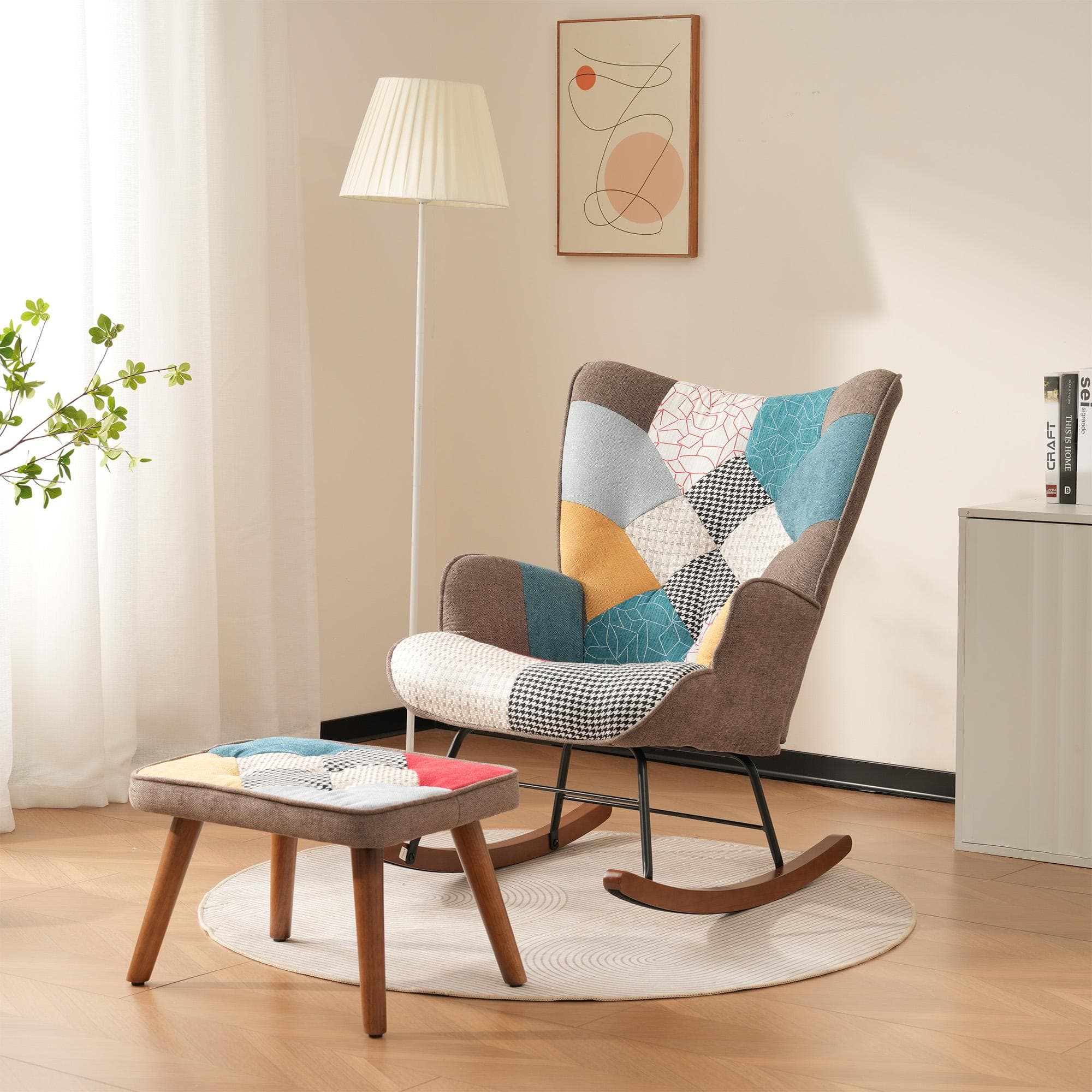 Rocking Chair and Footstool Set with Back Cushion, Quilted Patchwork Leisure Chair Solid with Legs, 100L x 69.5W x 88.5H cm, Colorful | Aosom UK